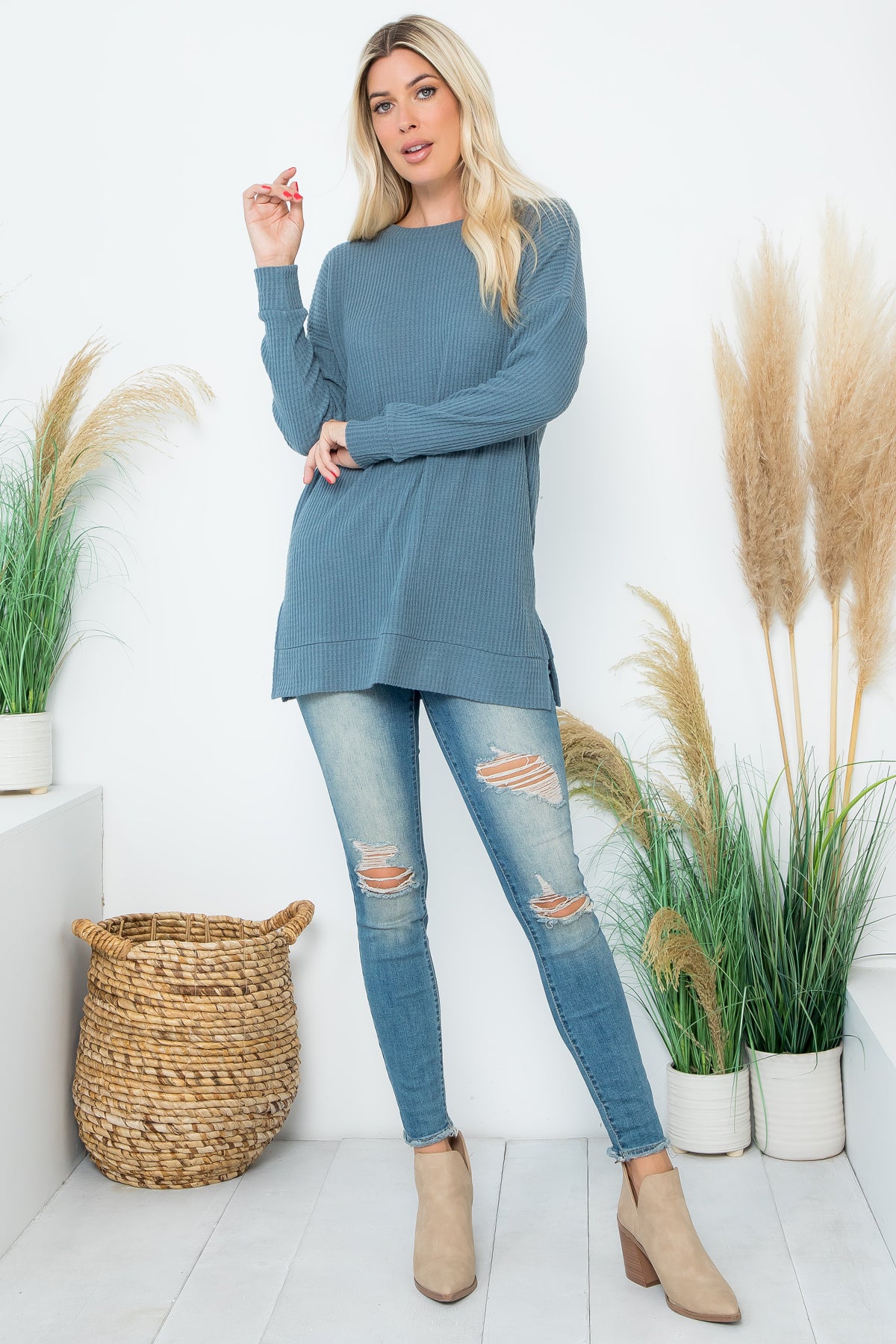 Plus Size Brushed Waffle Round Neck Side Slit Sweater