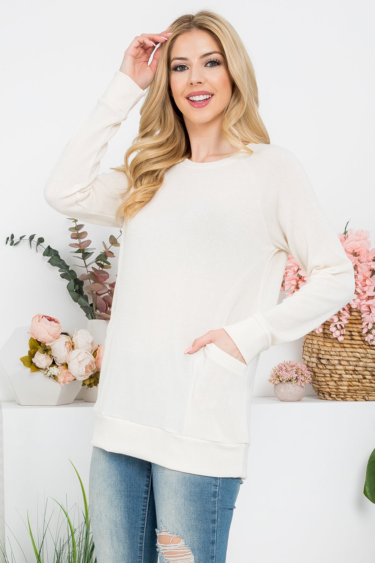 Knit Front Pocket Long Sleeve Top
