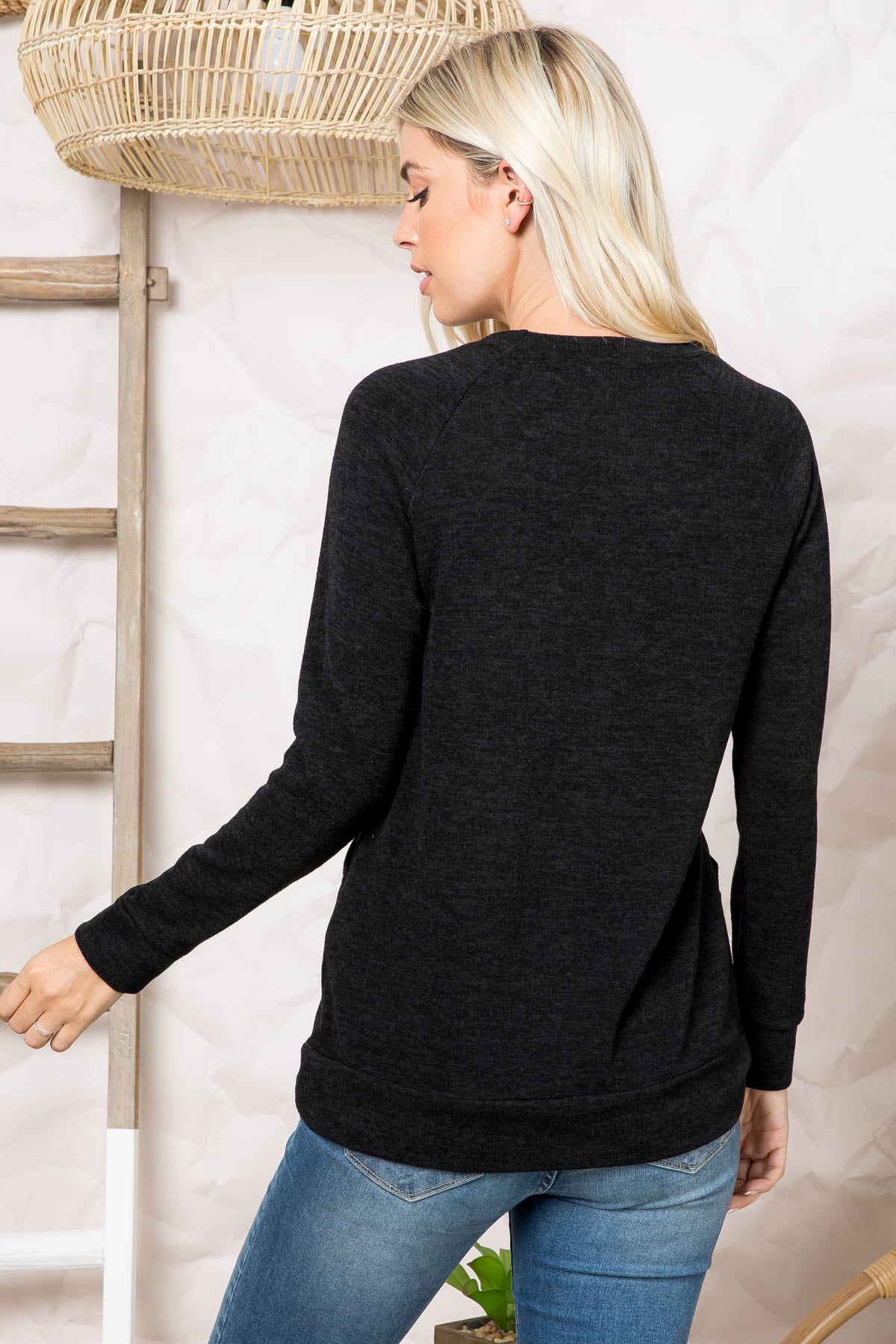 Plus Size Knit Front Pocket Long Sleeved Top