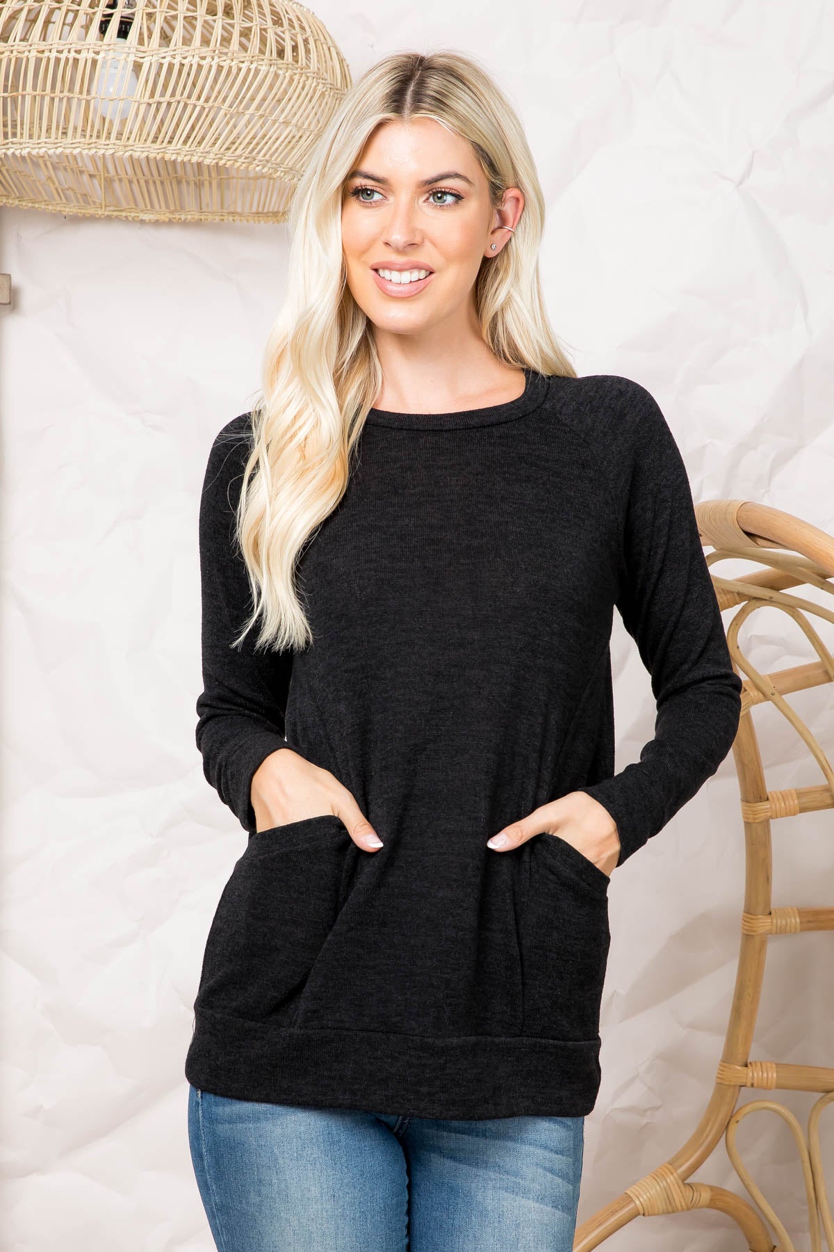 Knit Front Pocket Long Sleeve Top