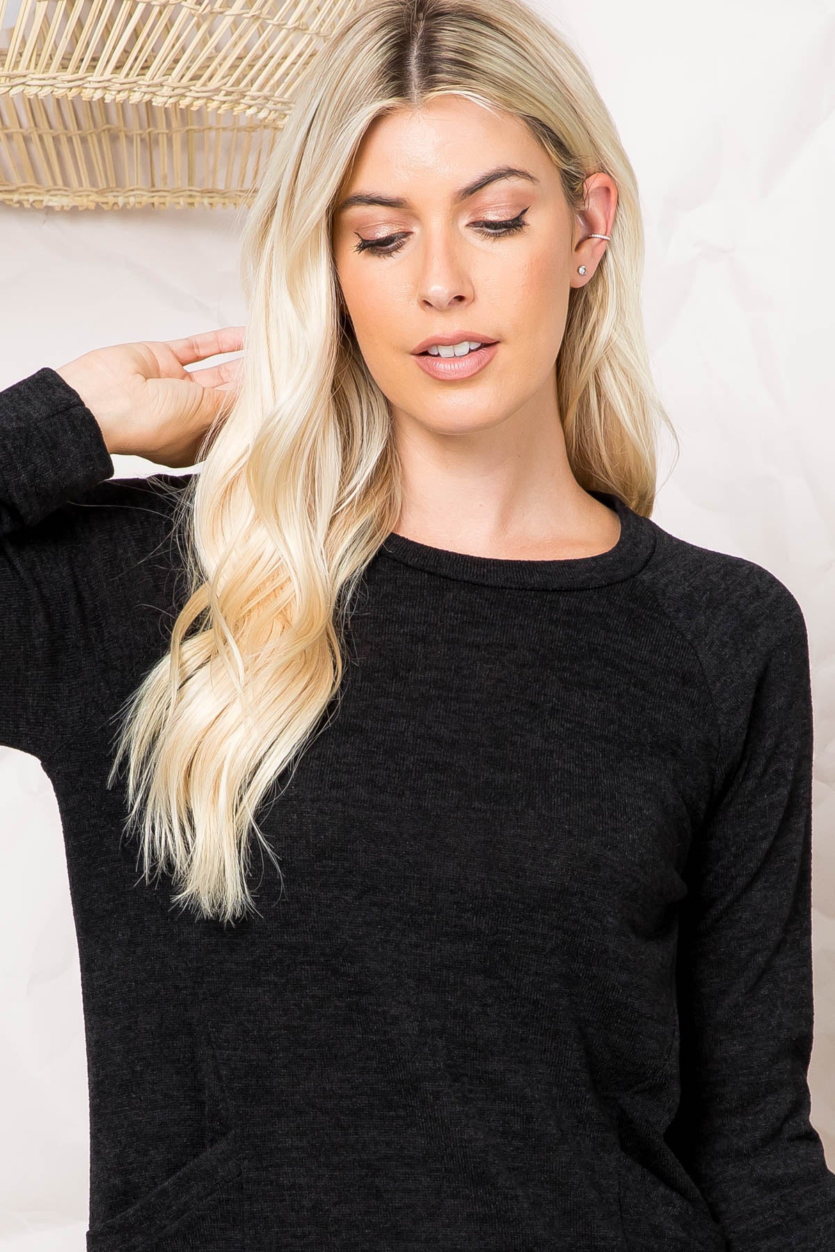 Knit Front Pocket Long Sleeve Top