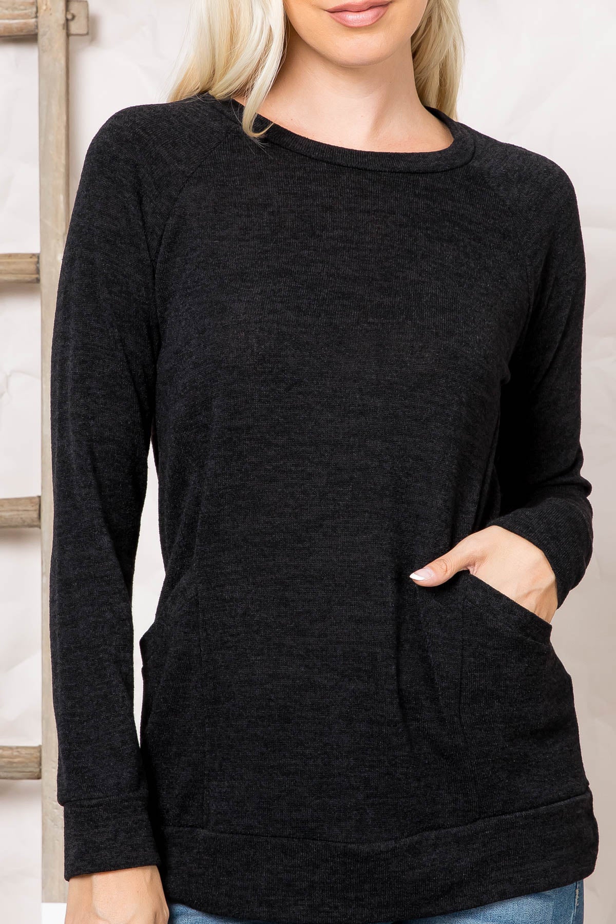Knit Front Pocket Long Sleeve Top