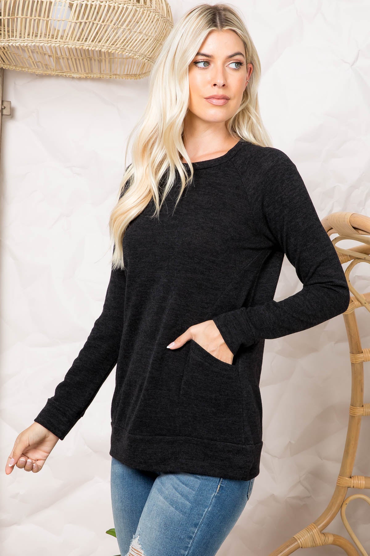 Knit Front Pocket Long Sleeve Top