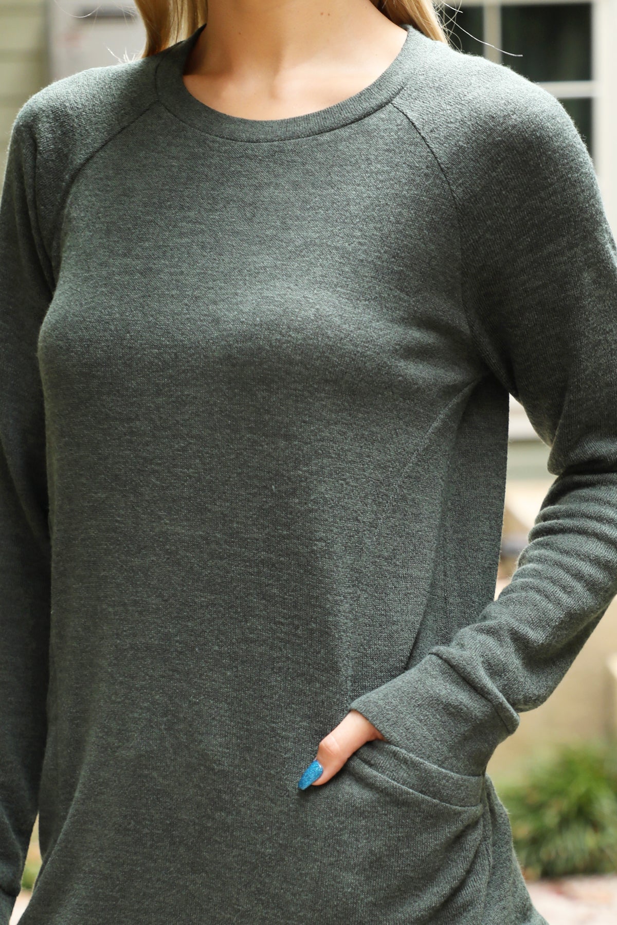 Knit Front Pocket Long Sleeve Top