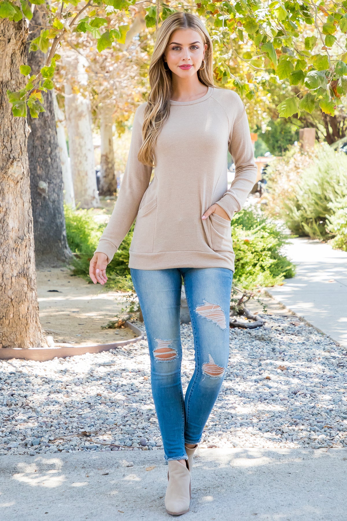 Knit Front Pocket Long Sleeve Top