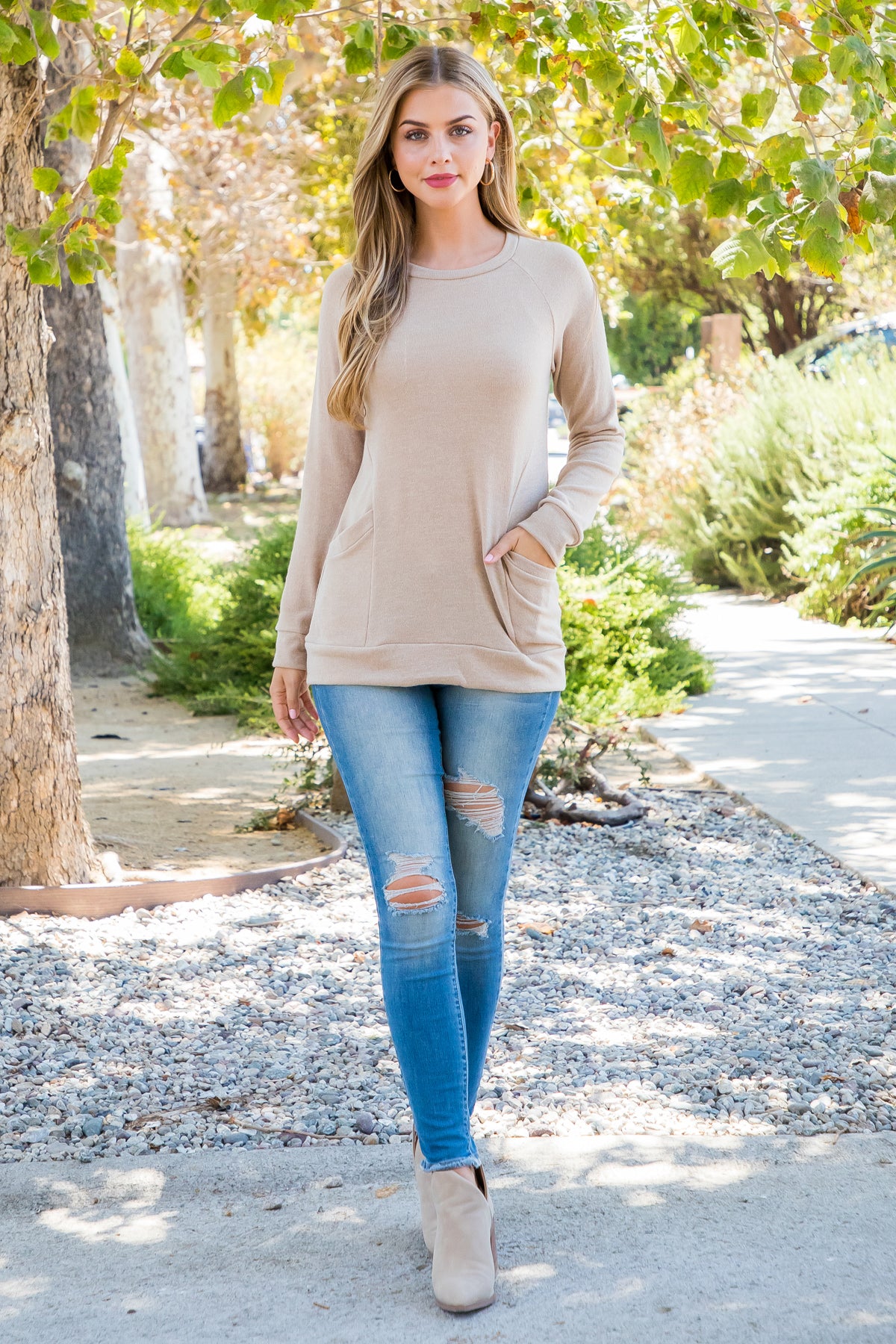 Knit Front Pocket Long Sleeve Top