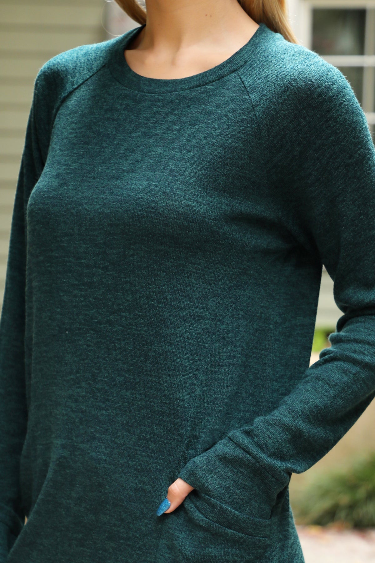 Knit Front Pocket Long Sleeve Top