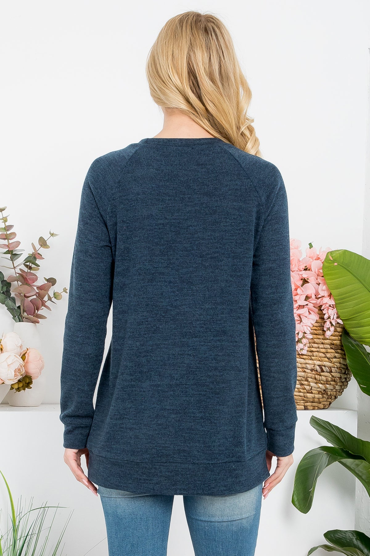 Knit Front Pocket Long Sleeve Top