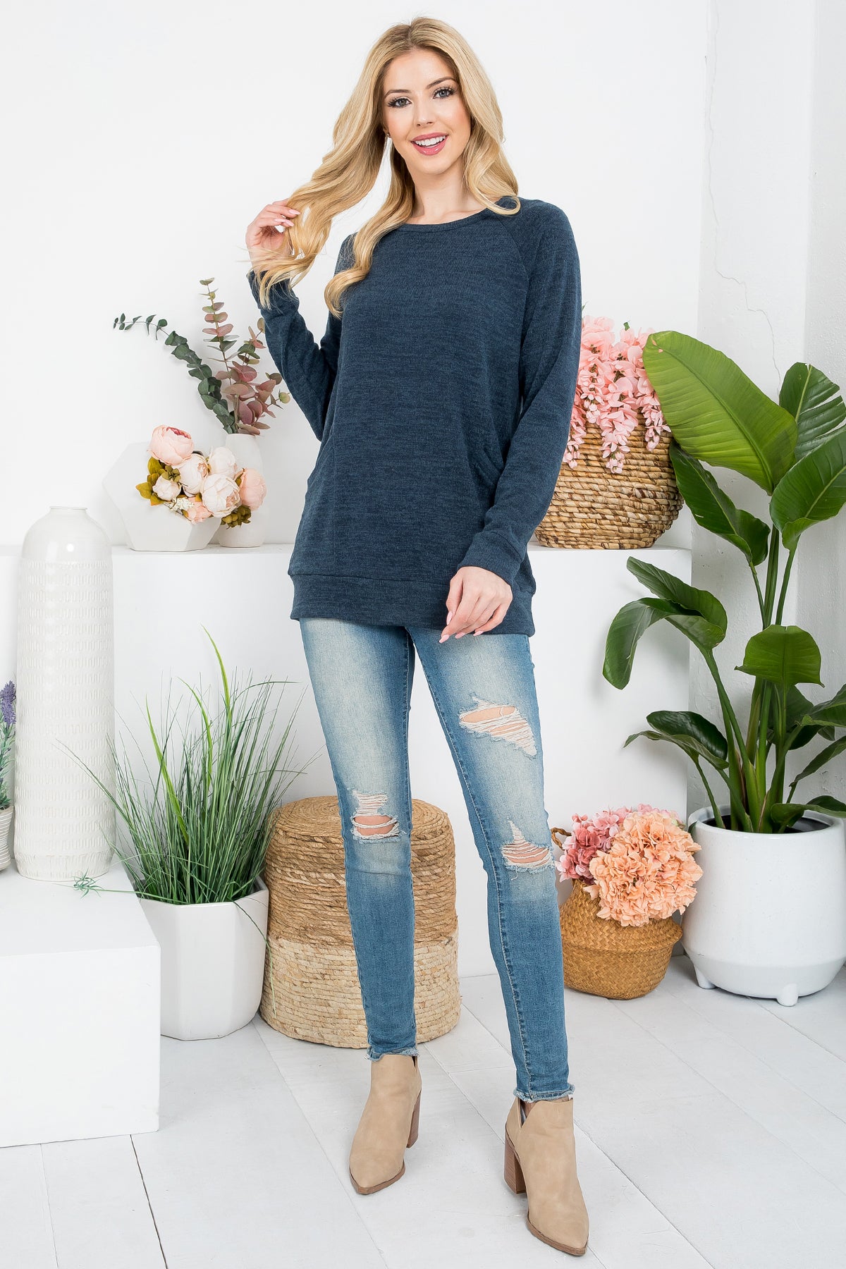Knit Front Pocket Long Sleeve Top