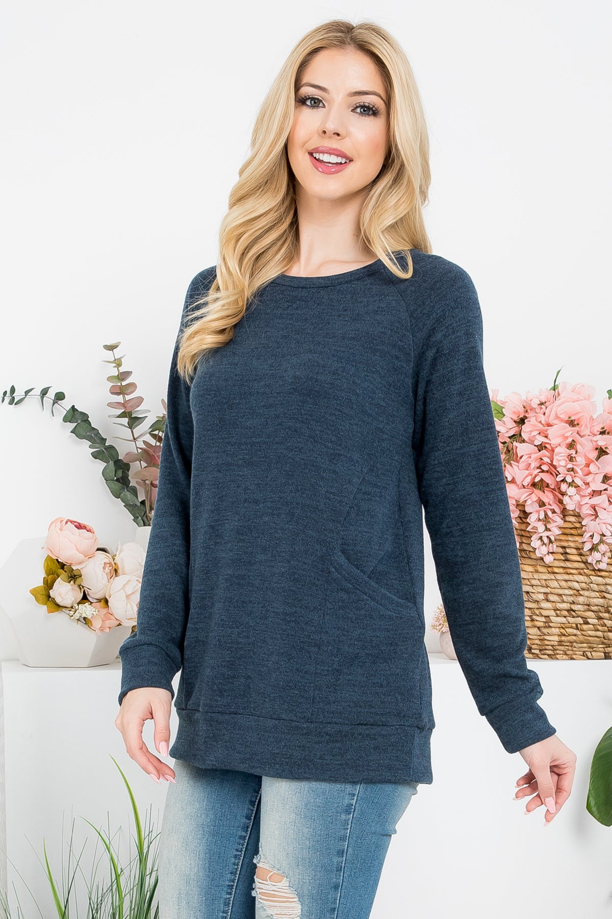 Knit Front Pocket Long Sleeve Top