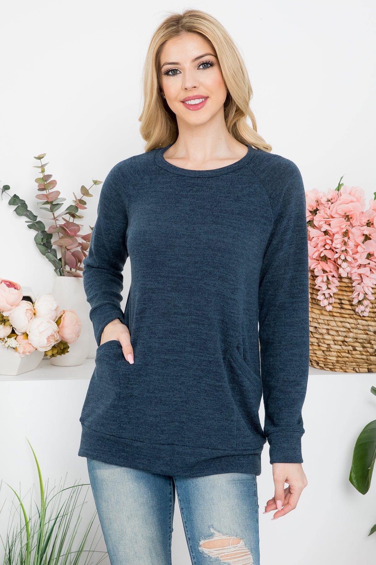 Knit Front Pocket Long Sleeve Top