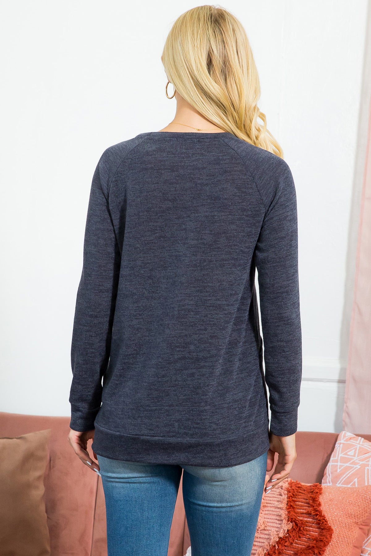Knit Front Pocket Long Sleeve Top