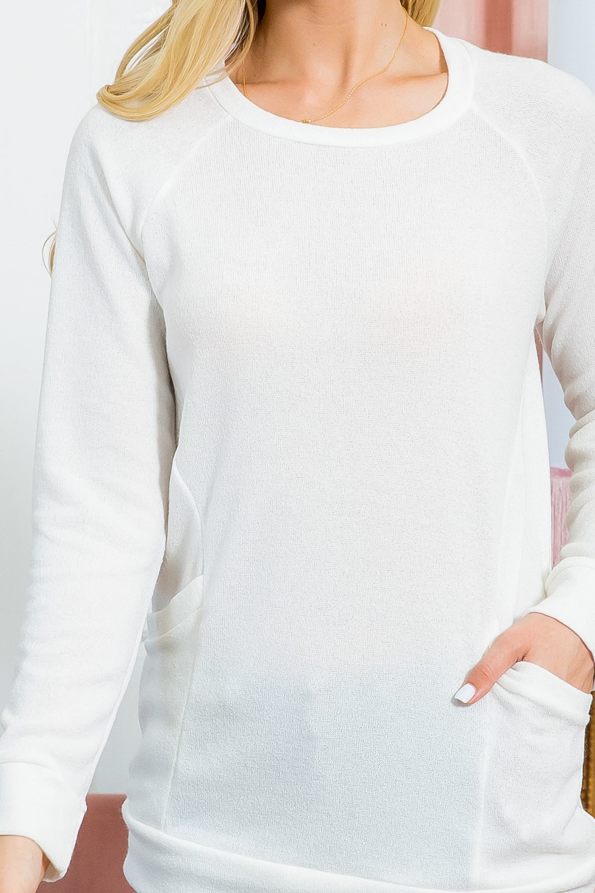 Knit Front Pocket Long Sleeve Top
