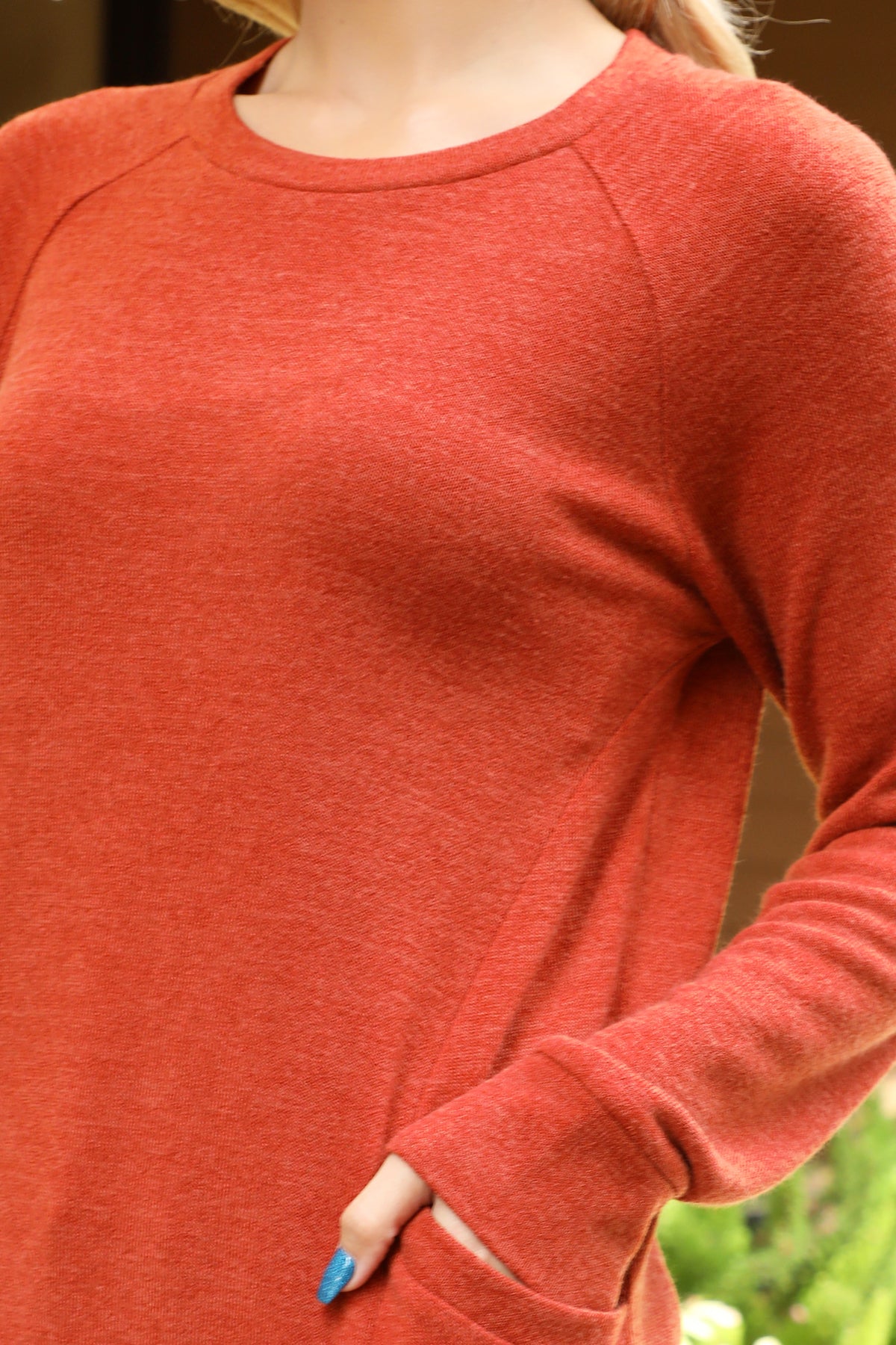 Knit Front Pocket Long Sleeve Top