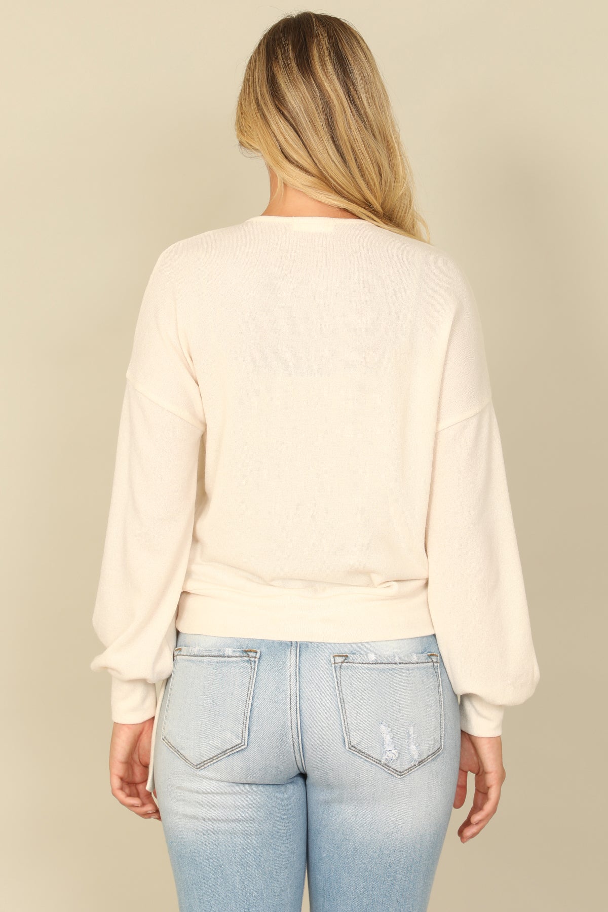 Hacci Solid Long Peasant Sleeve Surplice Neck Side Tie Top