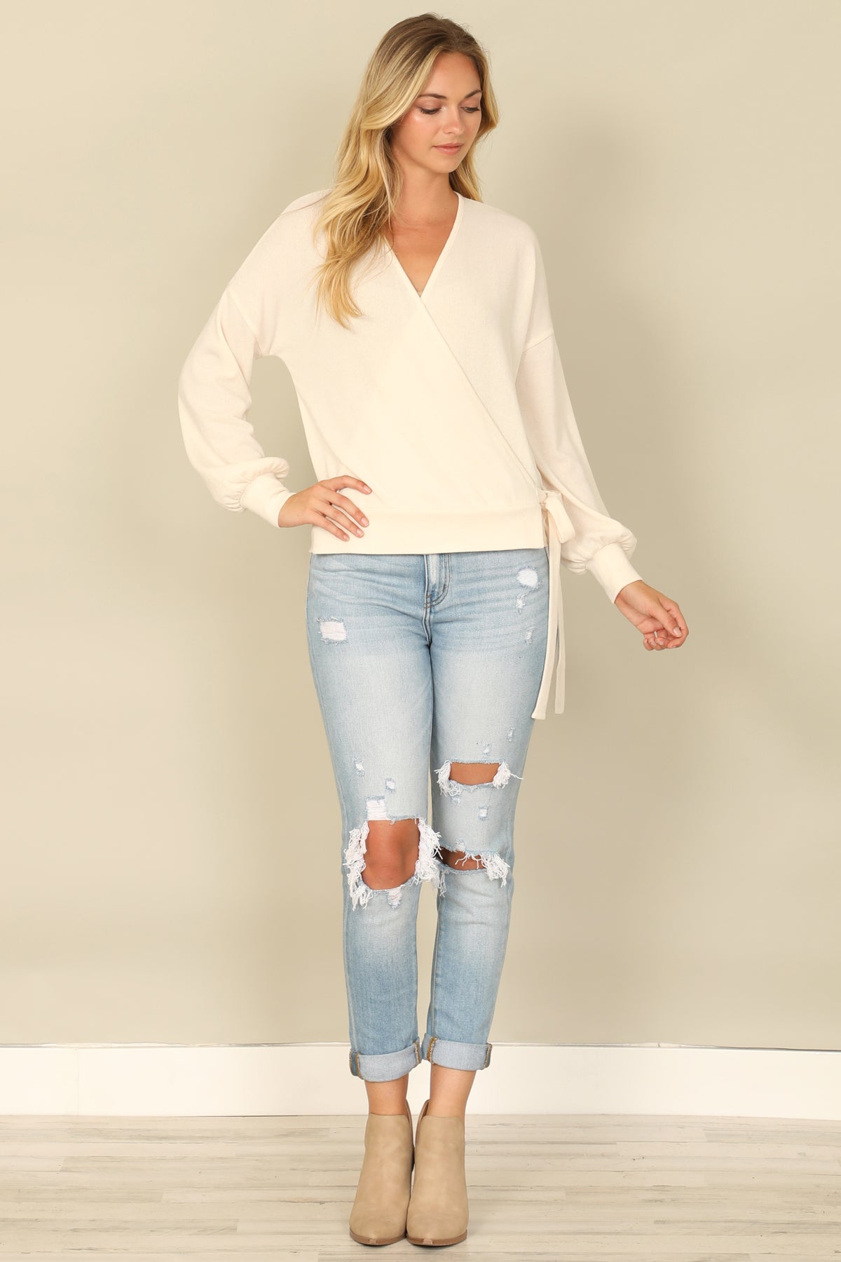 Hacci Solid Long Peasant Sleeve Surplice Neck Side Tie Top