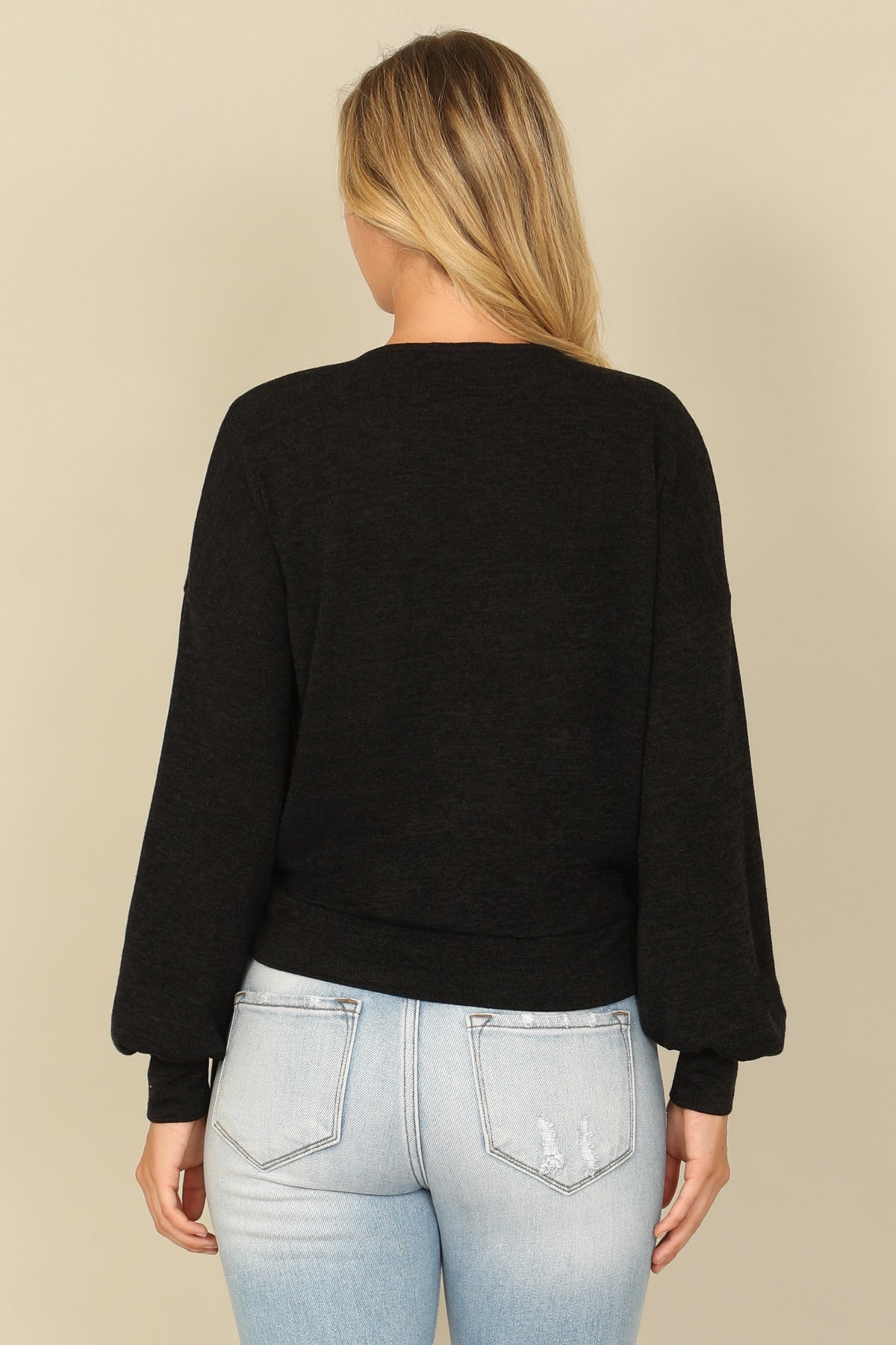 Hacci Solid Long Peasant Sleeve Surplice Neck Side Tie Top