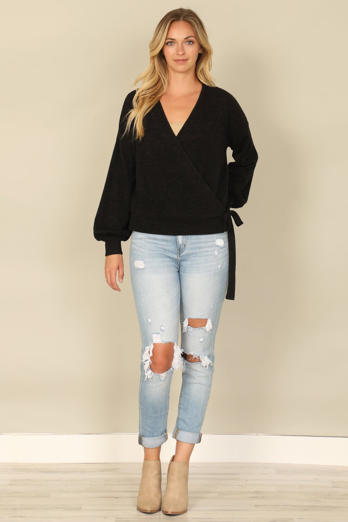 Hacci Solid Long Peasant Sleeve Surplice Neck Side Tie Top
