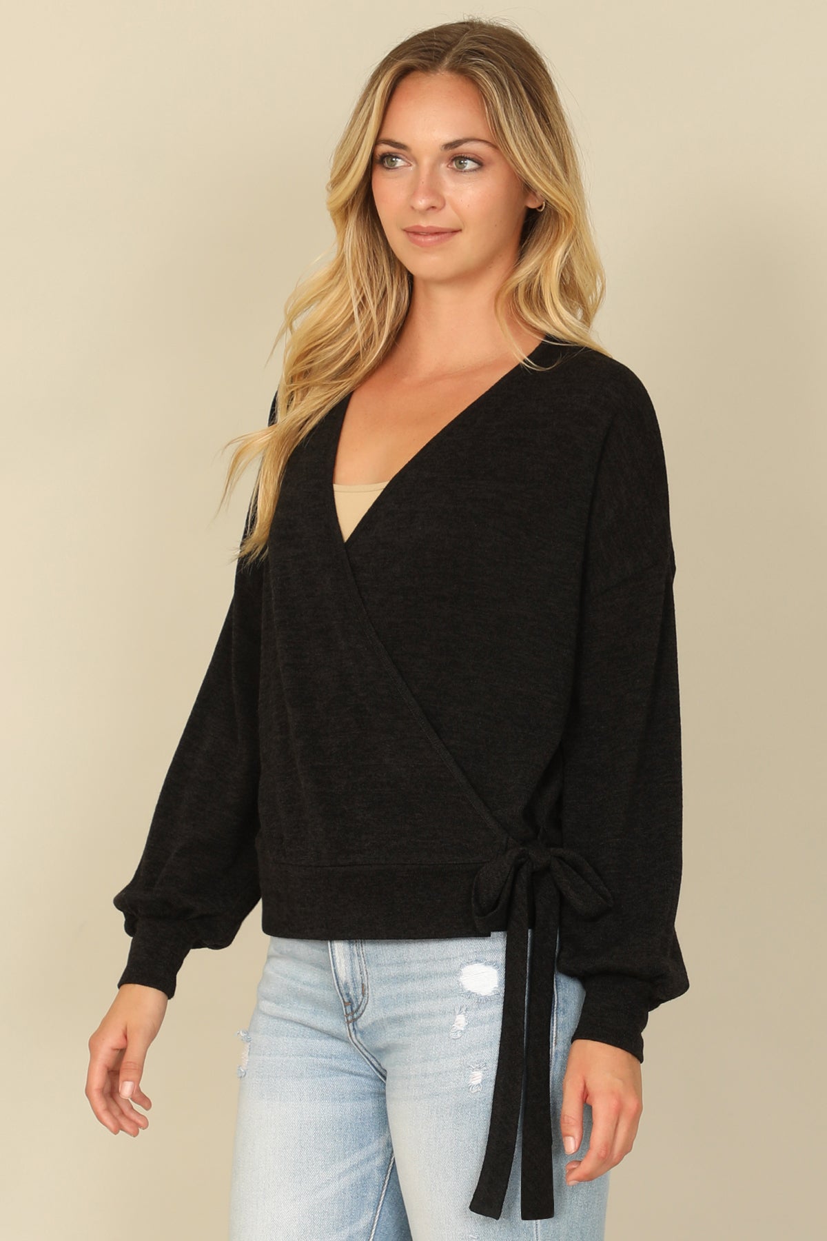 Hacci Solid Long Peasant Sleeve Surplice Neck Side Tie Top