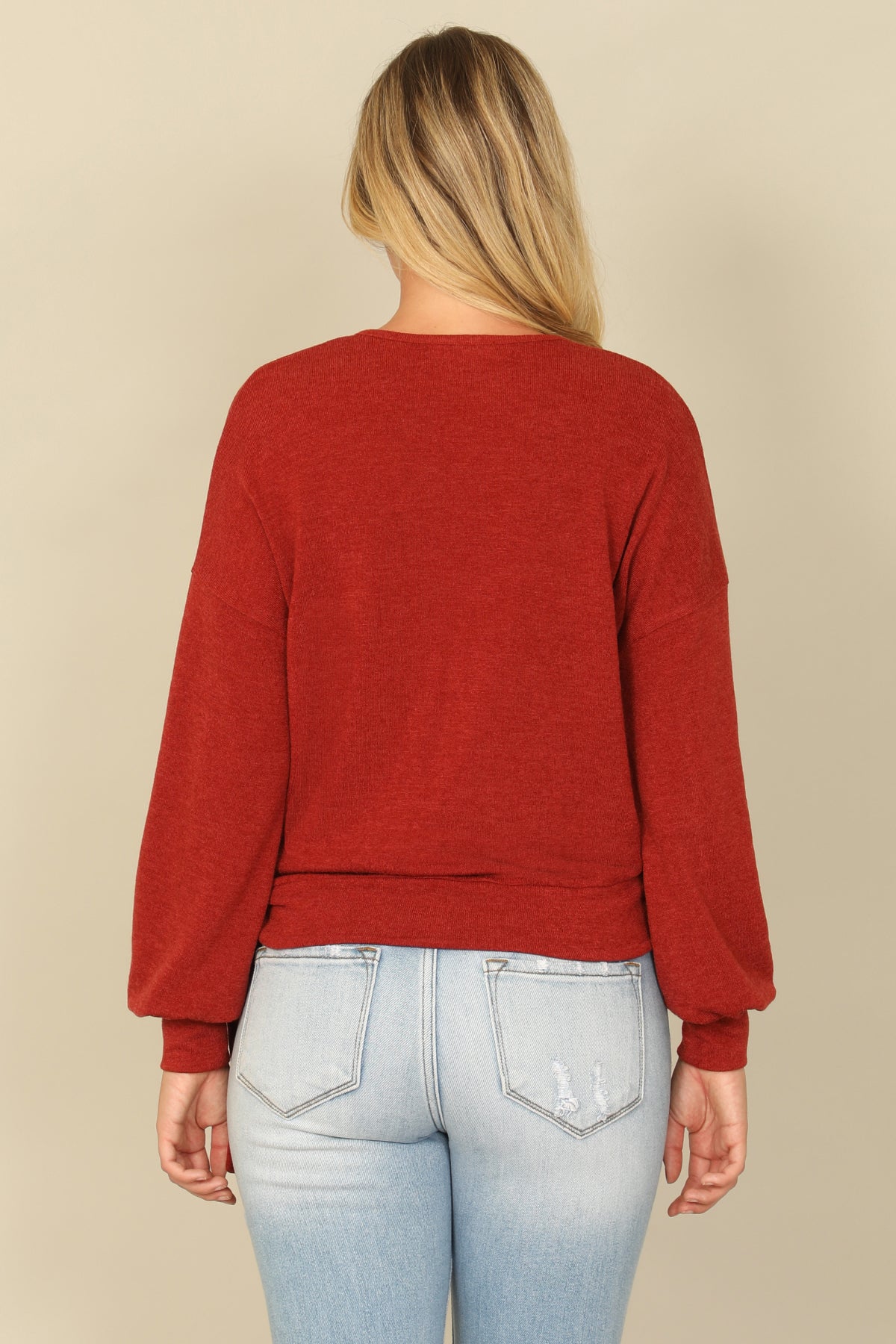 Hacci Solid Long Peasant Sleeve Surplice Neck Side Tie Top