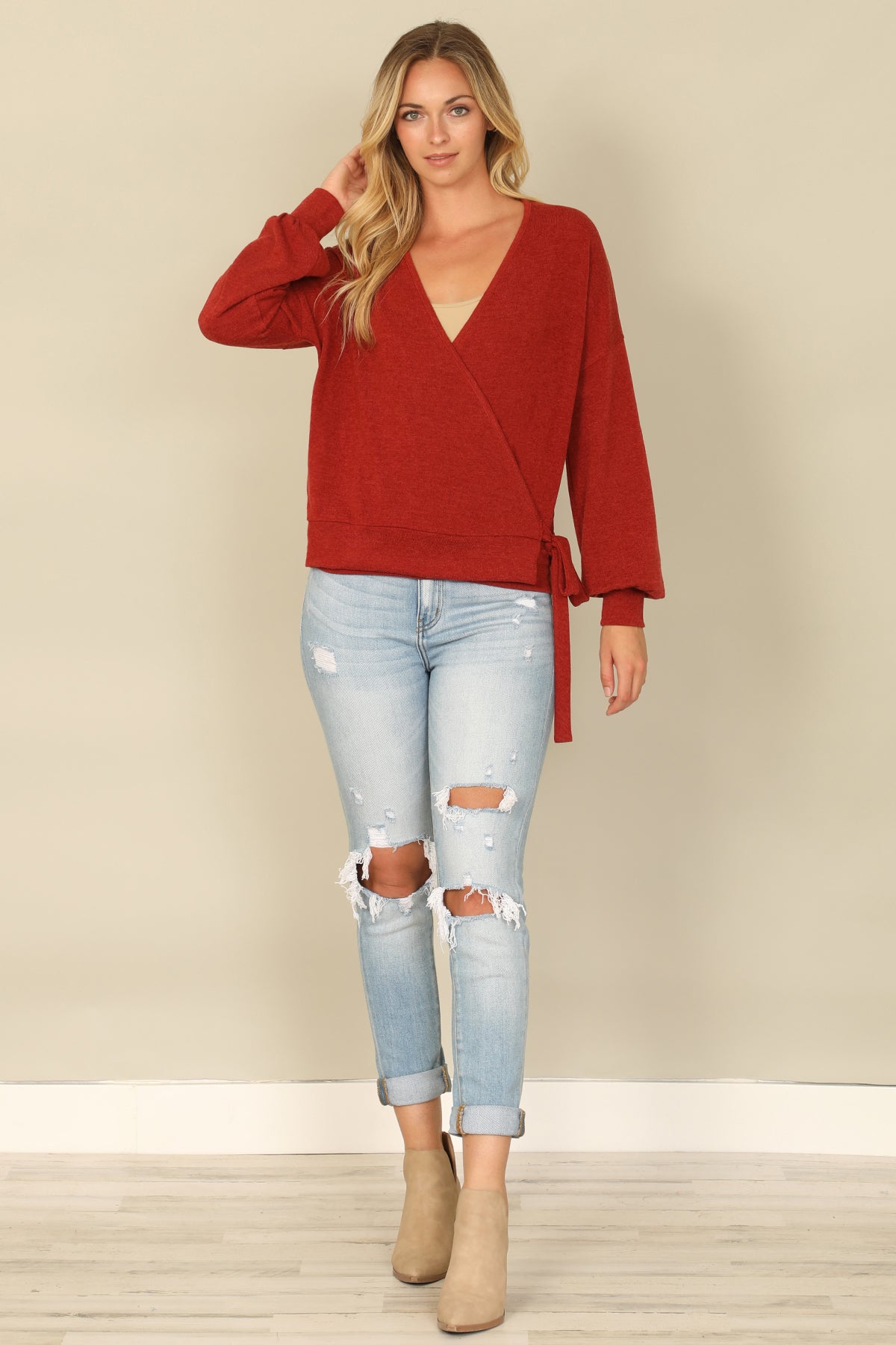Hacci Solid Long Peasant Sleeve Surplice Neck Side Tie Top