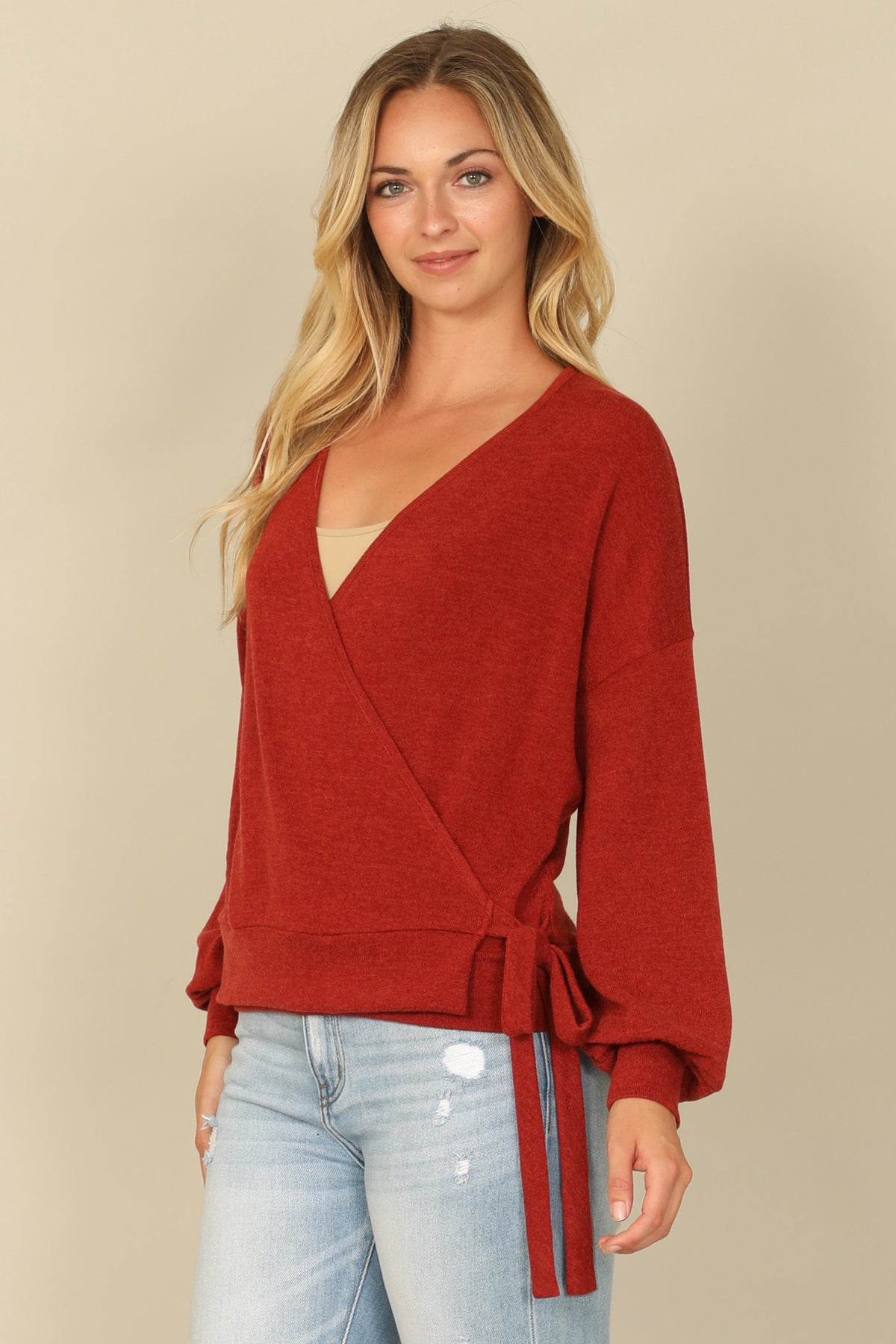 Hacci Solid Long Peasant Sleeve Surplice Neck Side Tie Top
