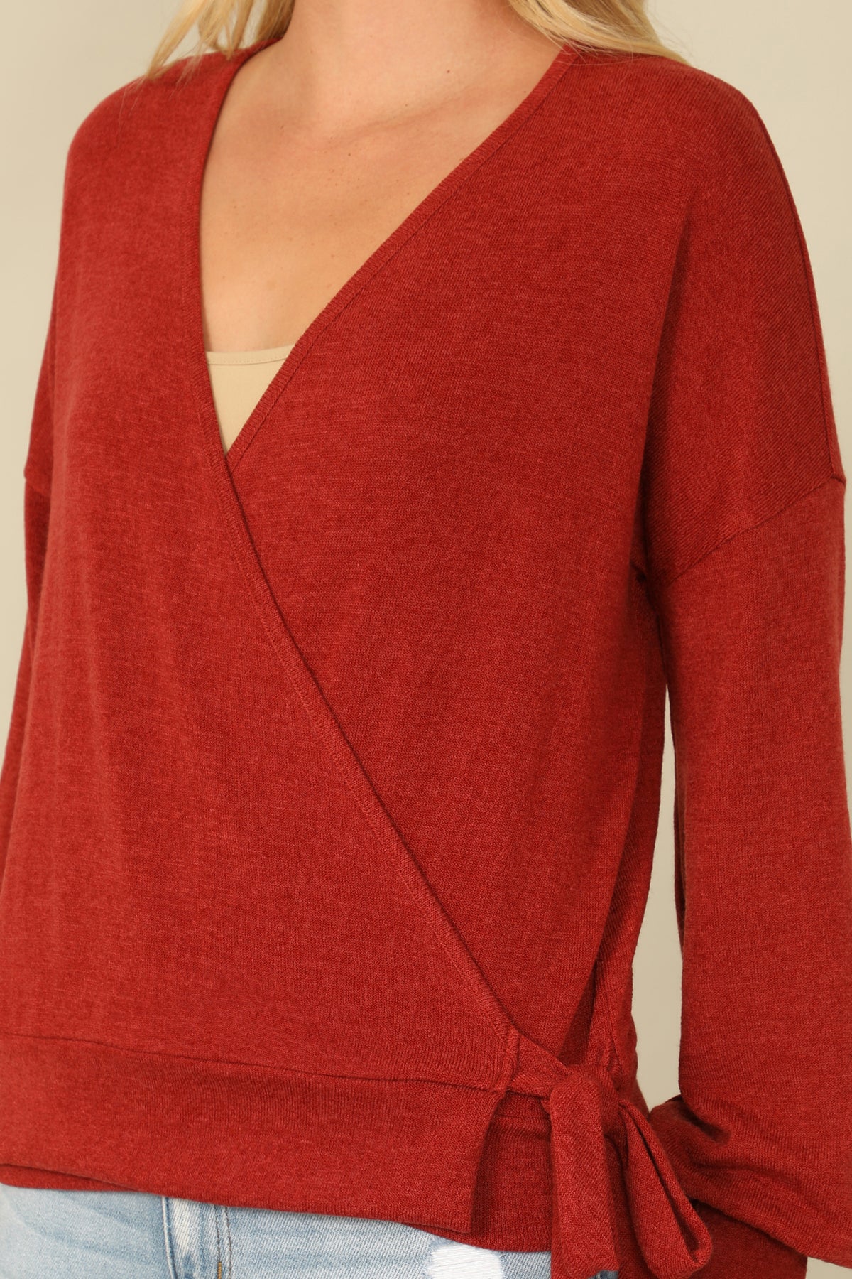 Hacci Solid Long Peasant Sleeve Surplice Neck Side Tie Top