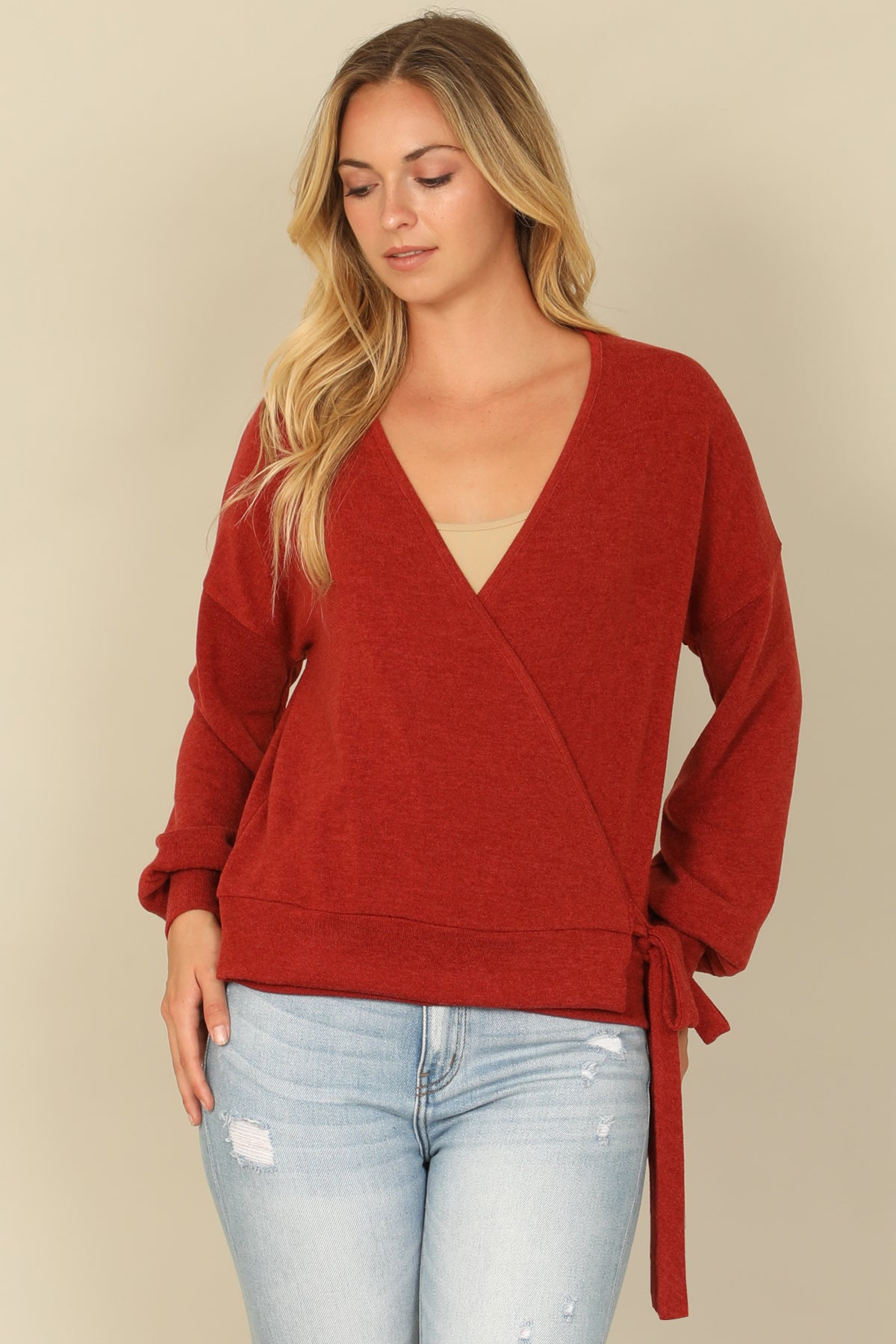 Hacci Solid Long Peasant Sleeve Surplice Neck Side Tie Top