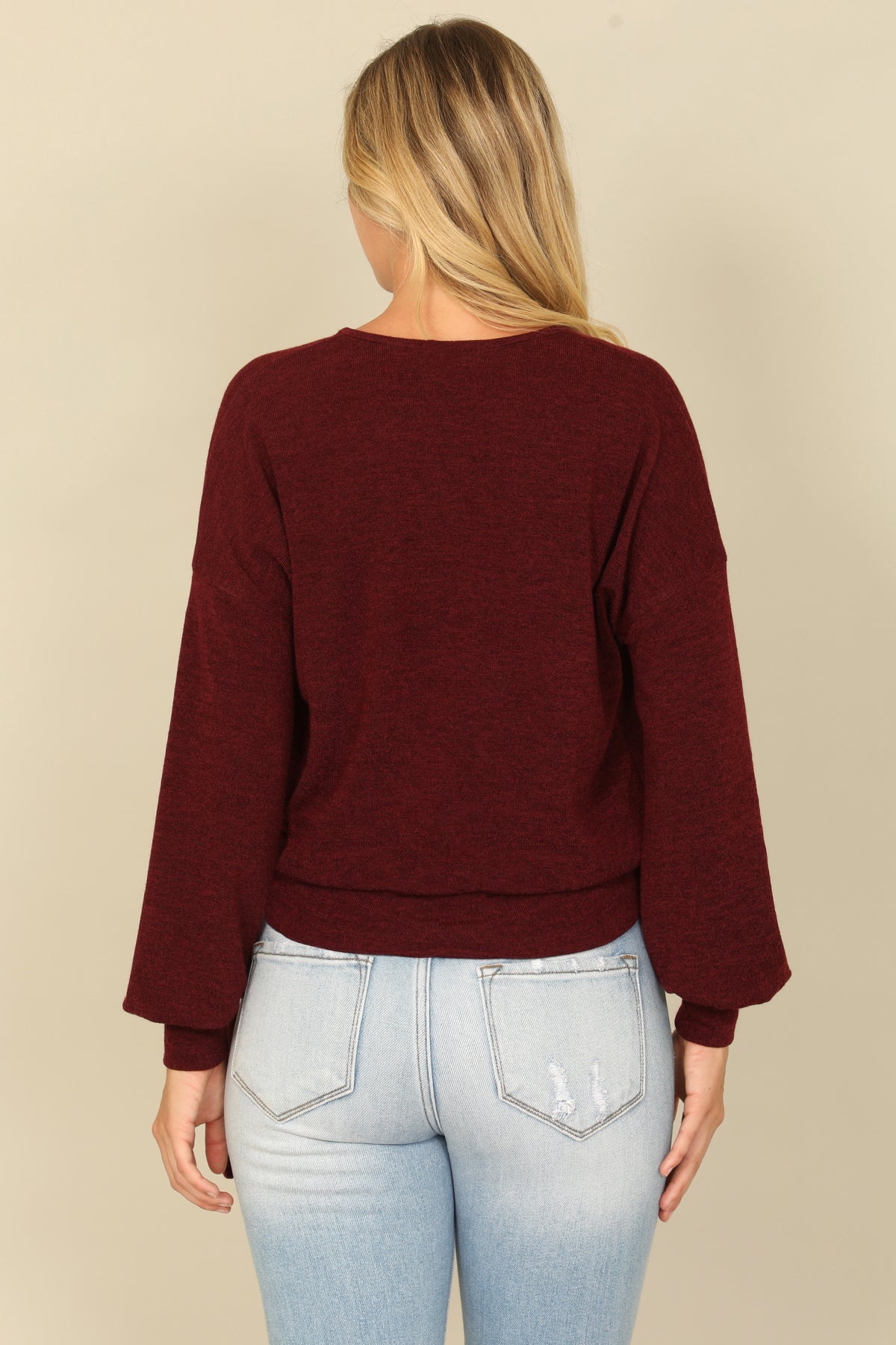 Hacci Solid Long Peasant Sleeve Surplice Neck Side Tie Top