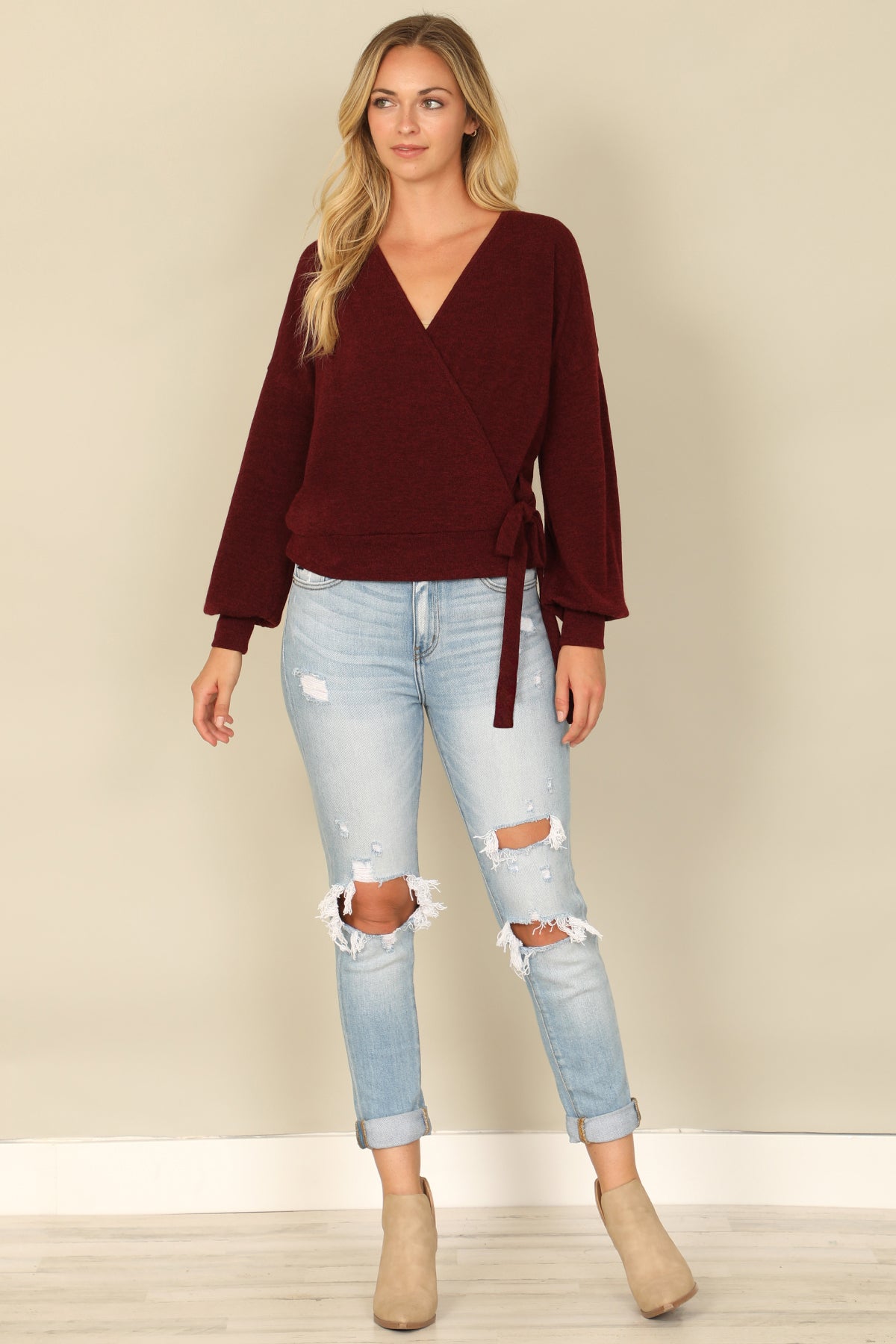 Hacci Solid Long Peasant Sleeve Surplice Neck Side Tie Top