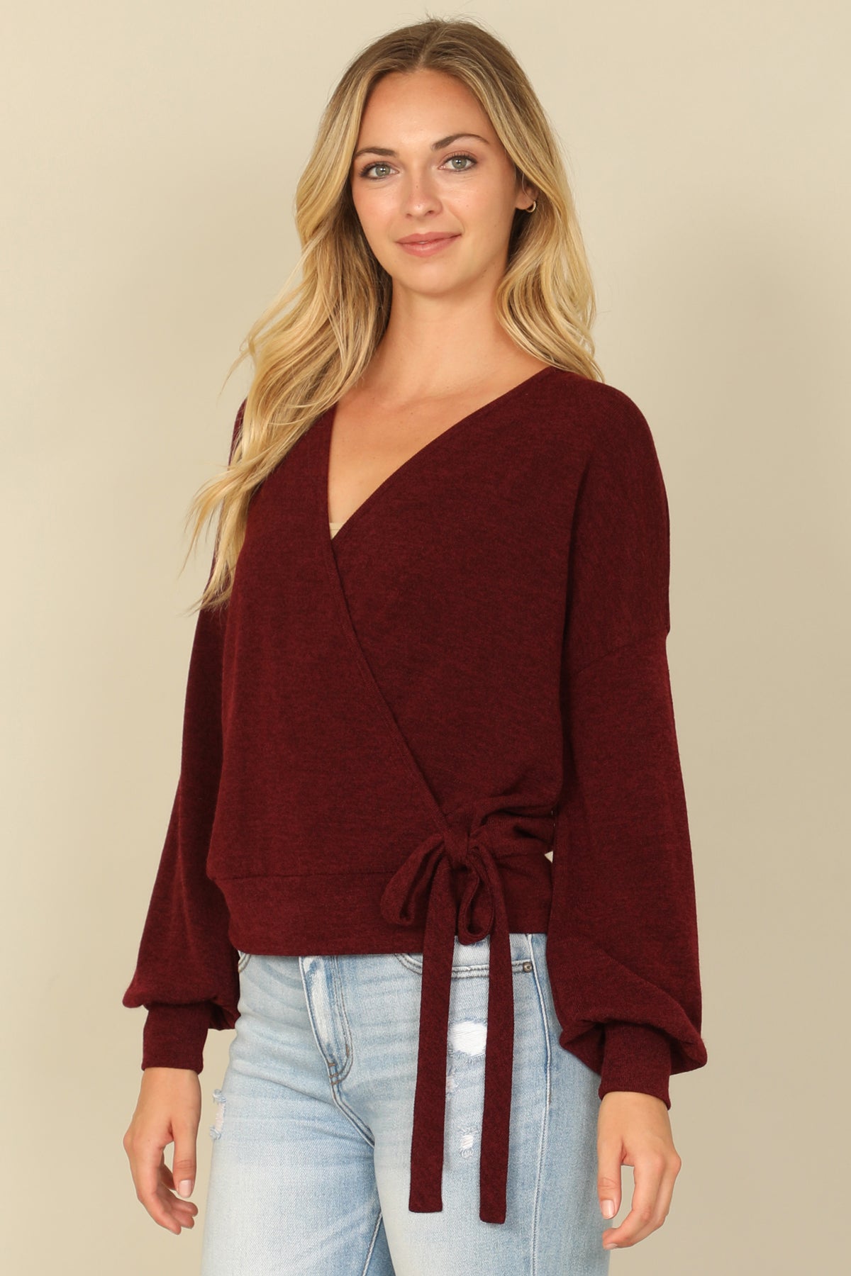 Hacci Solid Long Peasant Sleeve Surplice Neck Side Tie Top