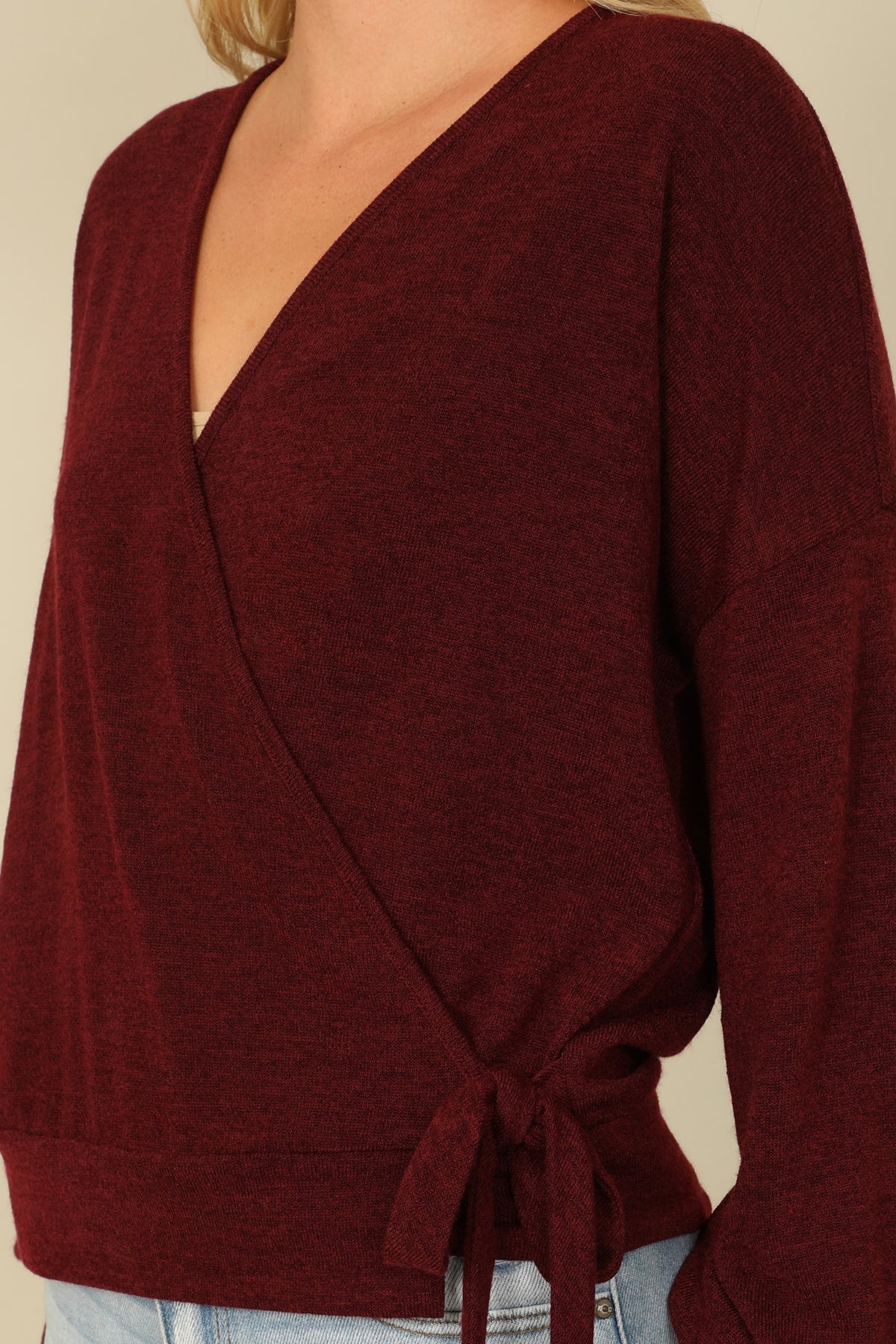 Hacci Solid Long Peasant Sleeve Surplice Neck Side Tie Top