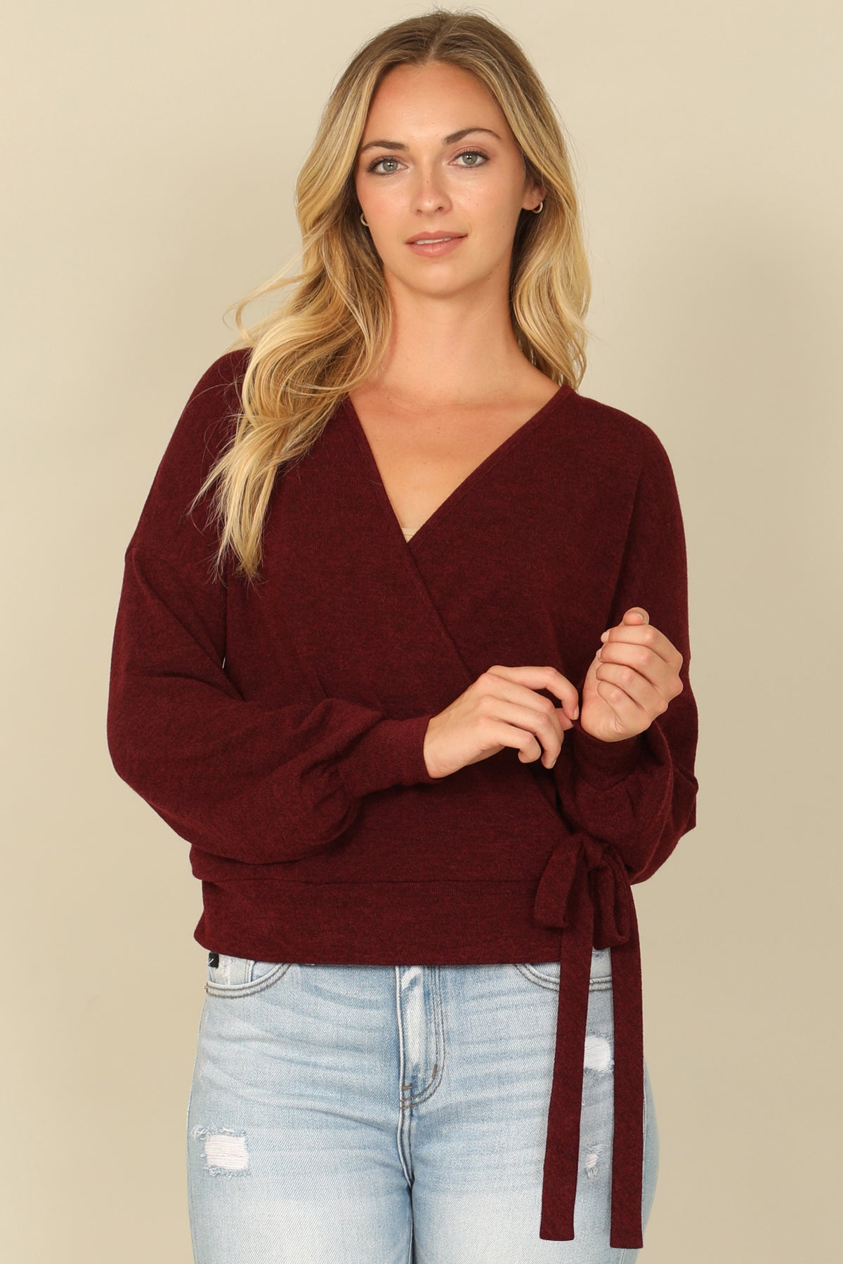 Hacci Solid Long Peasant Sleeve Surplice Neck Side Tie Top