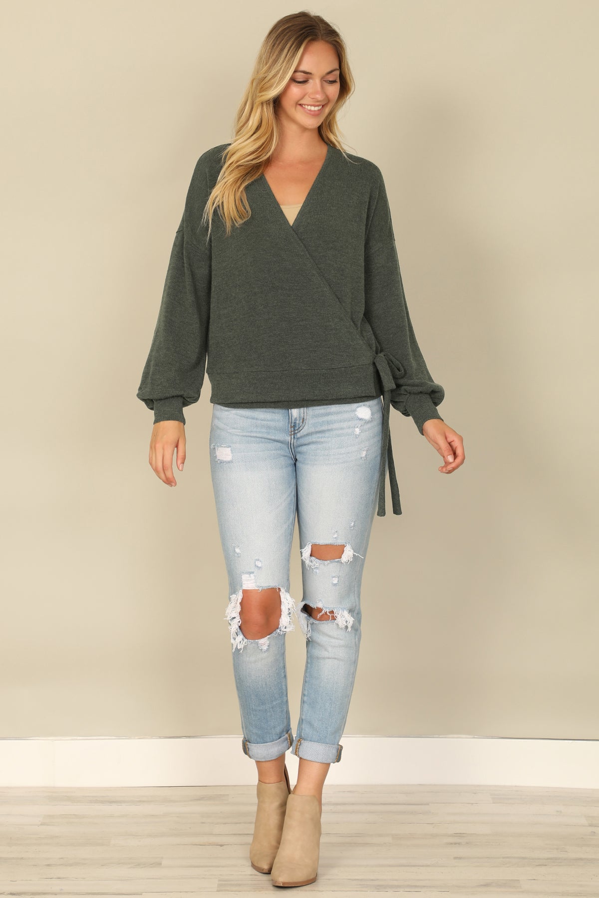Hacci Solid Long Peasant Sleeve Surplice Neck Side Tie Top