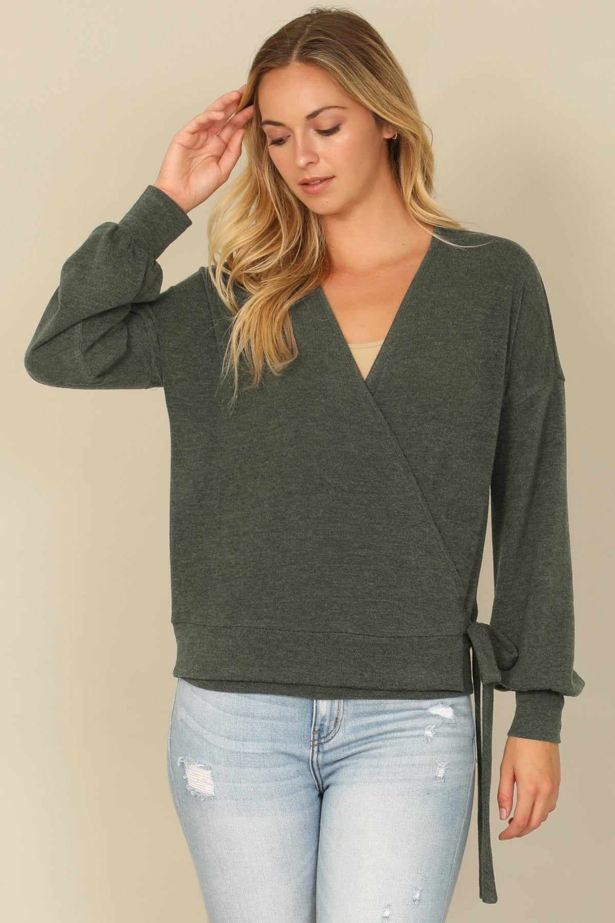 Hacci Solid Long Peasant Sleeve Surplice Neck Side Tie Top