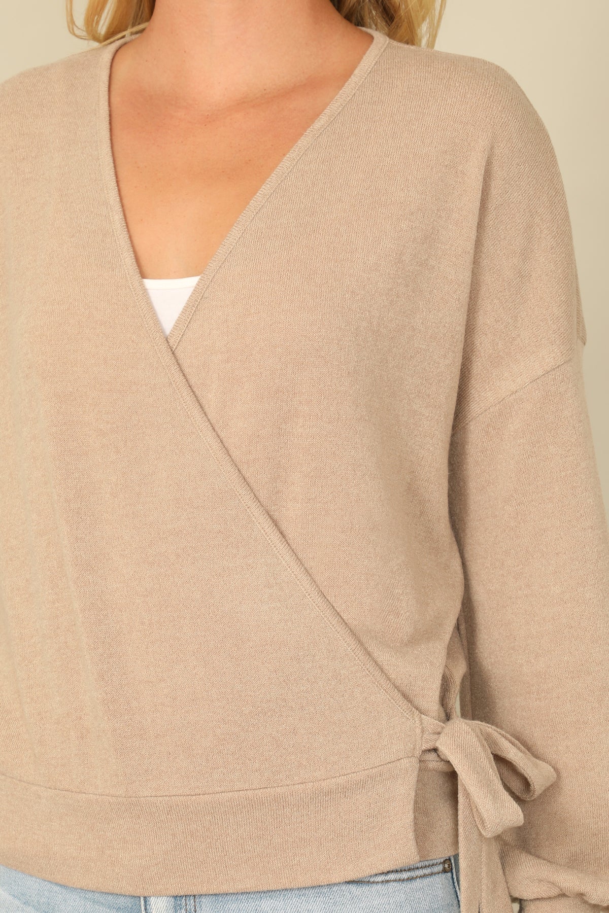 Hacci Solid Long Peasant Sleeve Surplice Neck Side Tie Top