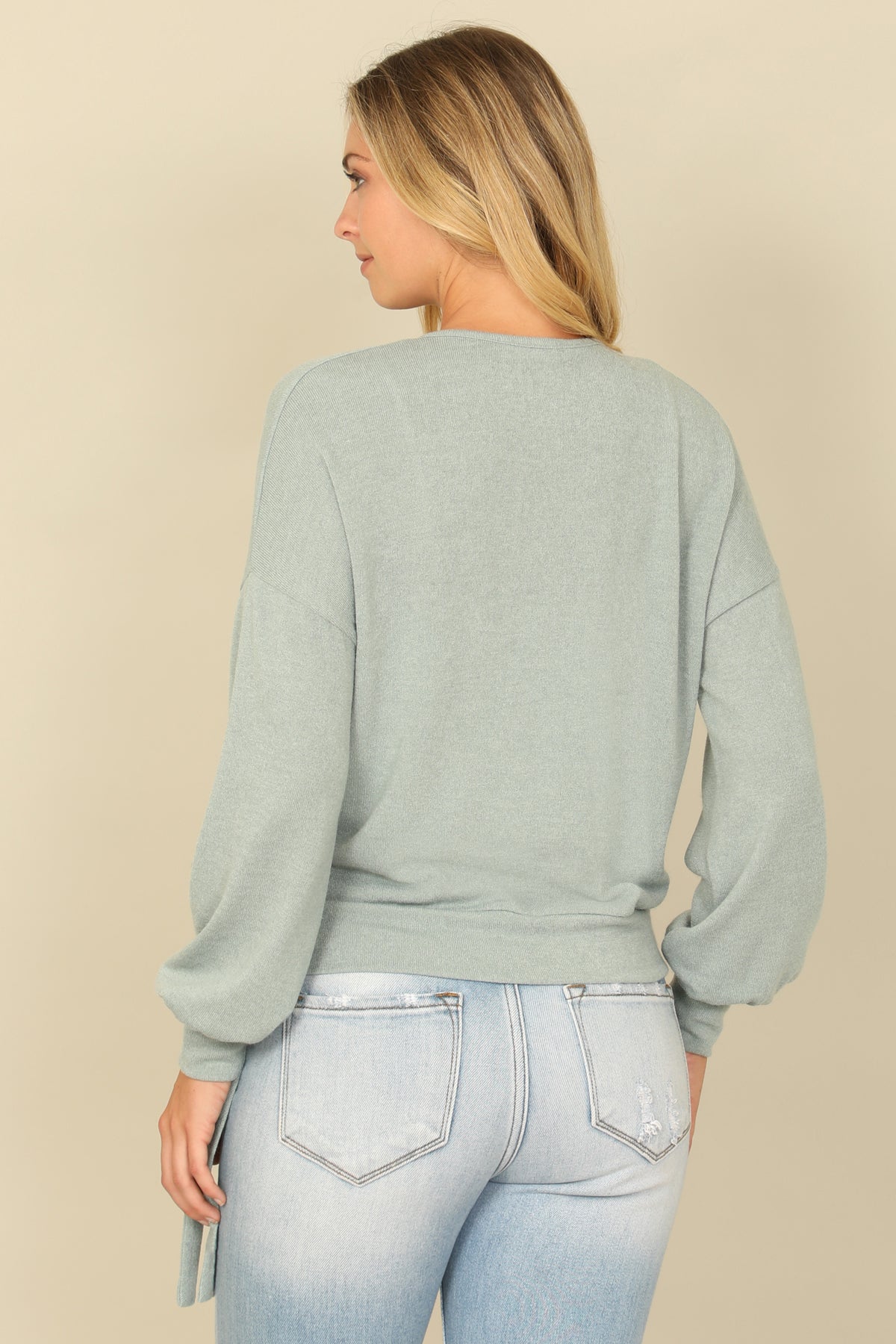 Hacci Solid Long Peasant Sleeve Surplice Neck Side Tie Top