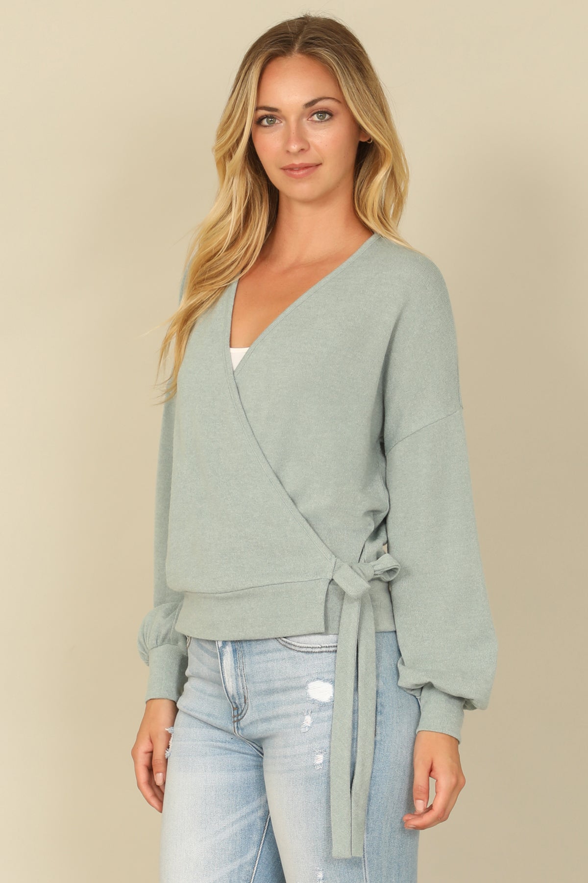 Hacci Solid Long Peasant Sleeve Surplice Neck Side Tie Top