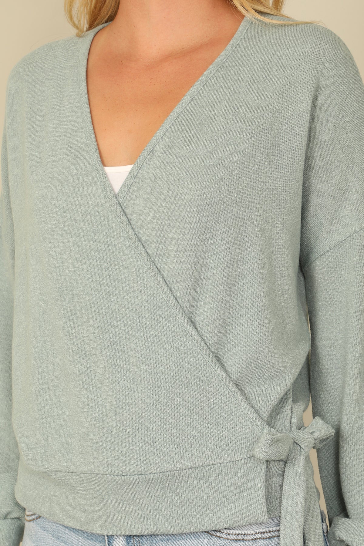 Hacci Solid Long Peasant Sleeve Surplice Neck Side Tie Top