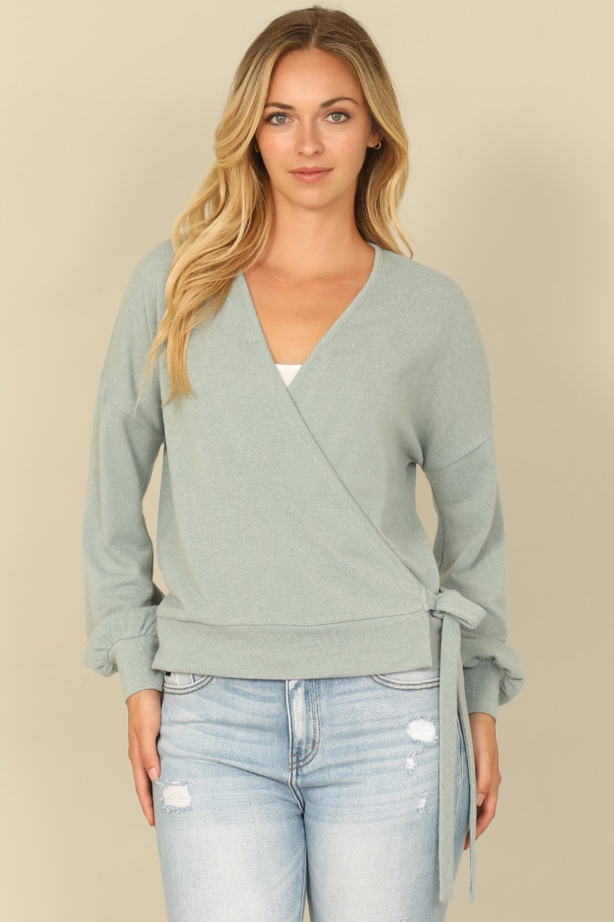 Hacci Solid Long Peasant Sleeve Surplice Neck Side Tie Top