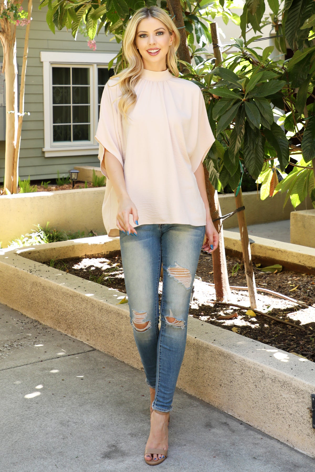 Solid Dolman Sleeve Back Ribbon High Neck Top