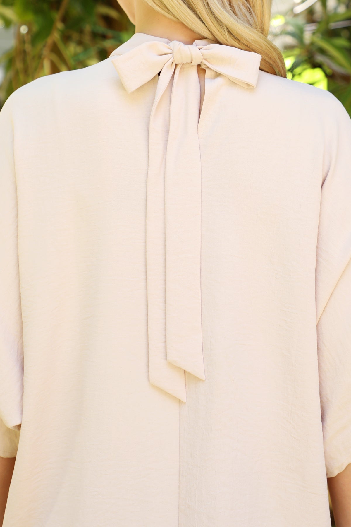 Solid Dolman Sleeve Back Ribbon High Neck Top