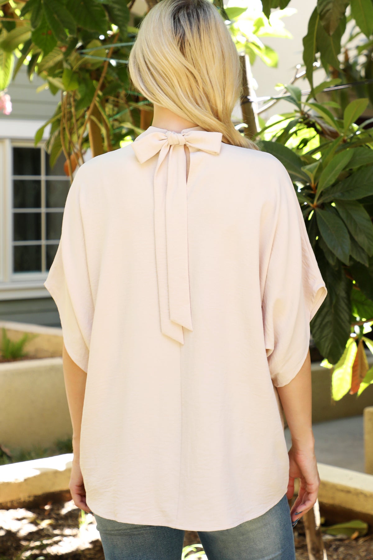 Solid Dolman Sleeve Back Ribbon High Neck Top