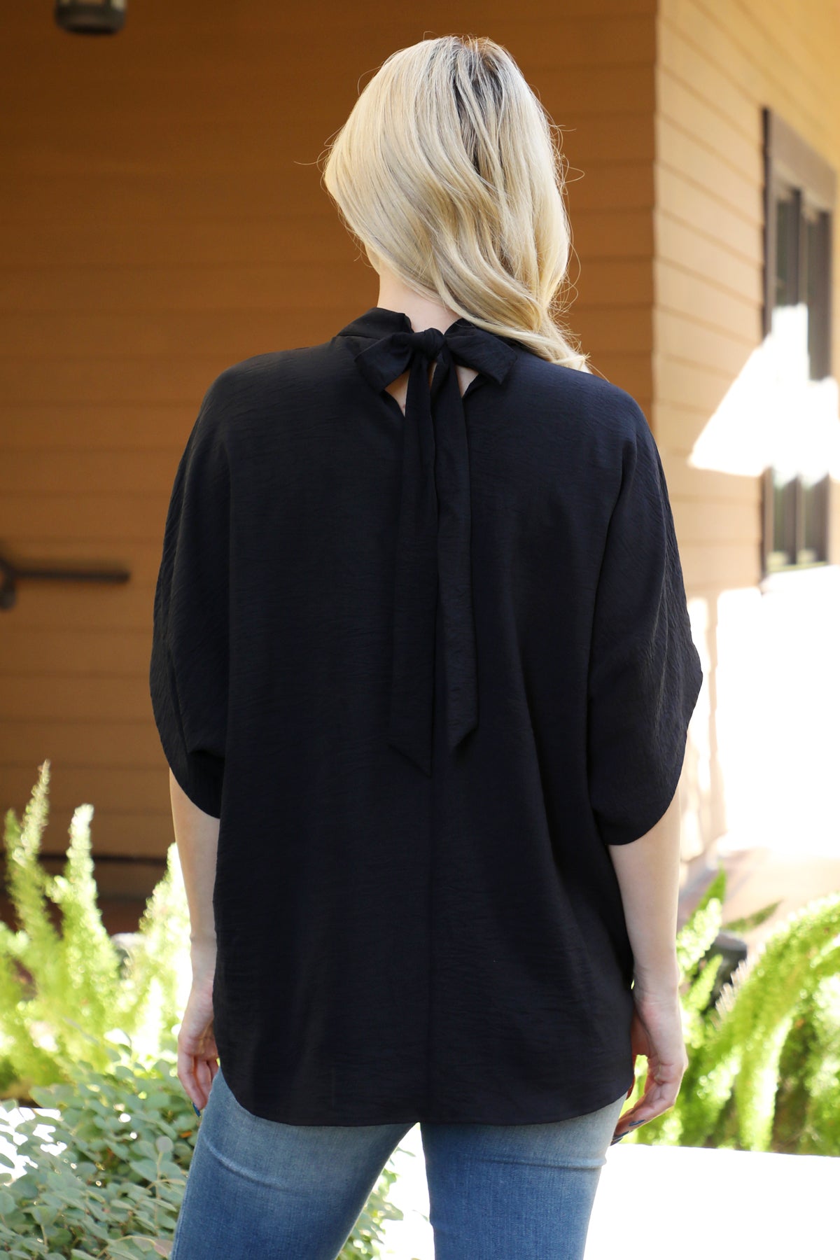 Solid Dolman Sleeve Back Ribbon High Neck Top