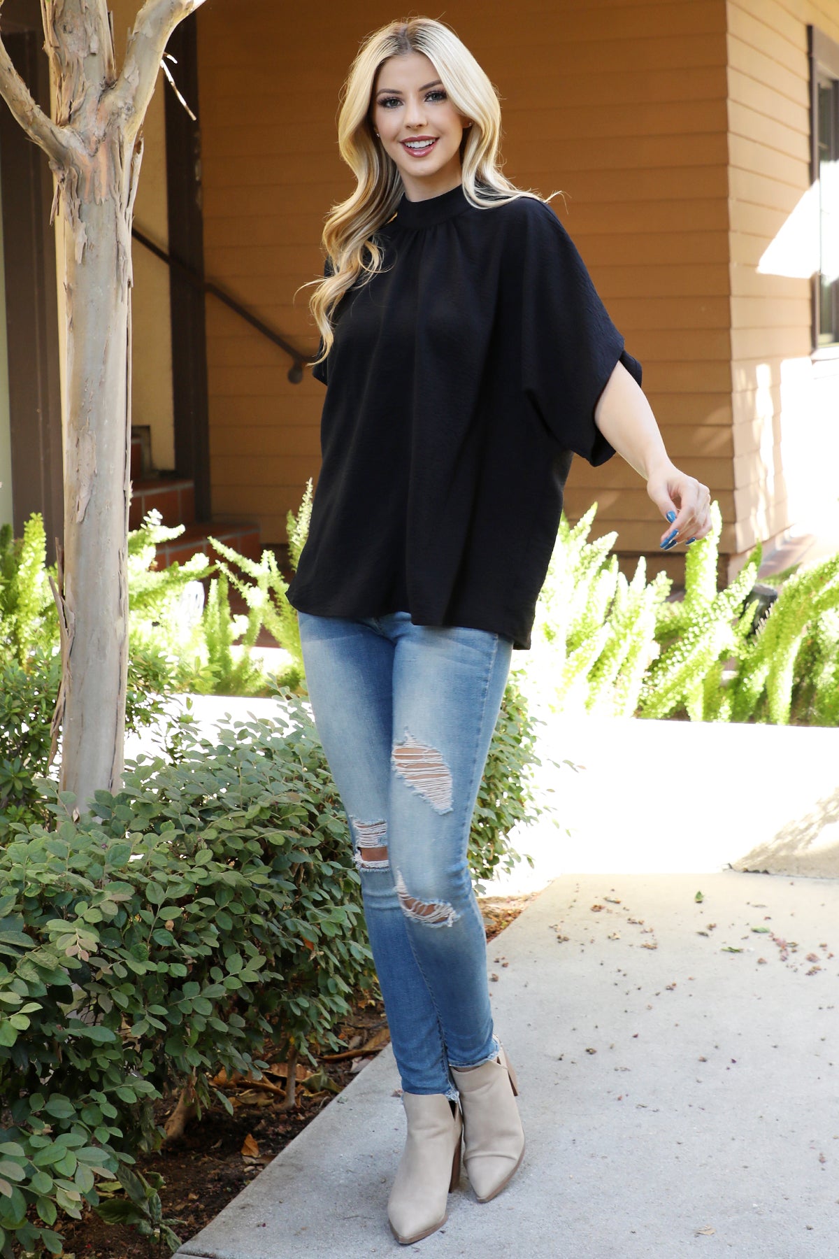 Solid Dolman Sleeve Back Ribbon High Neck Top