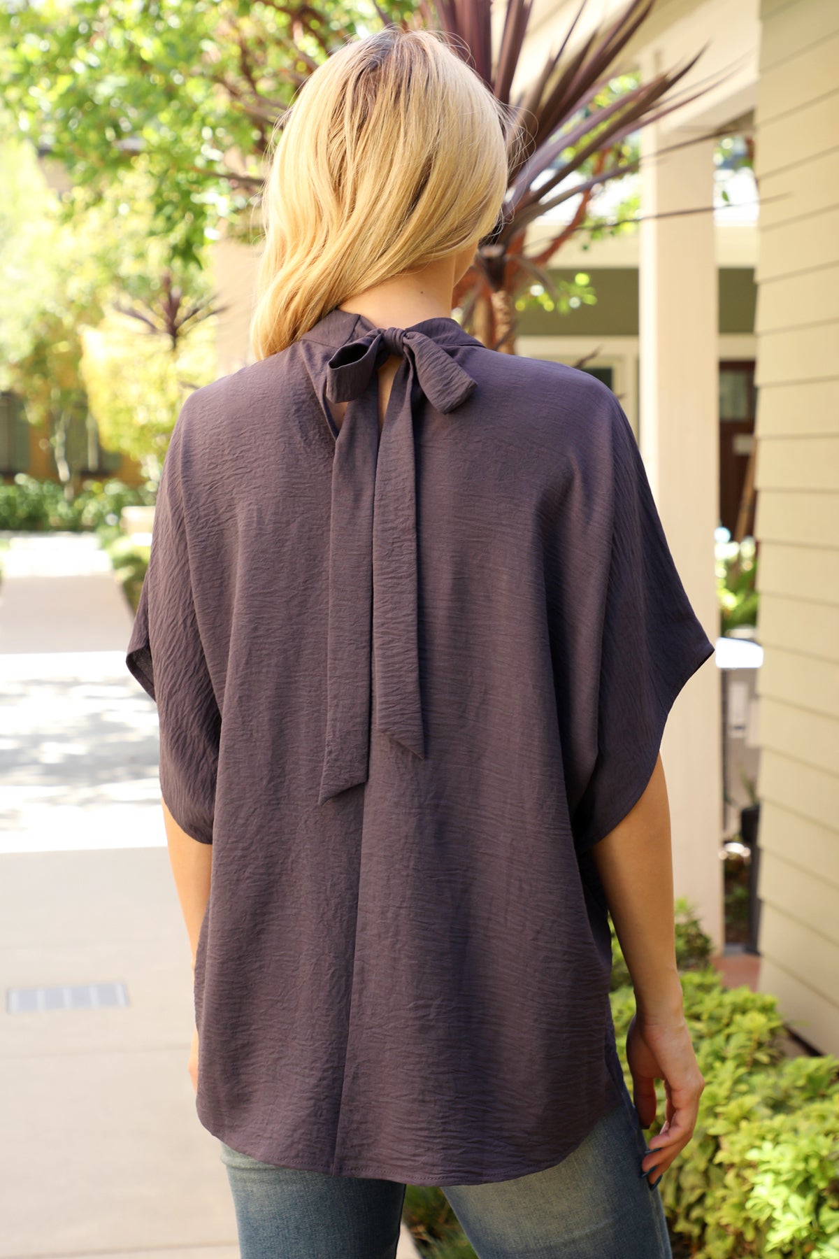 Solid Dolman Sleeve Back Ribbon High Neck Top