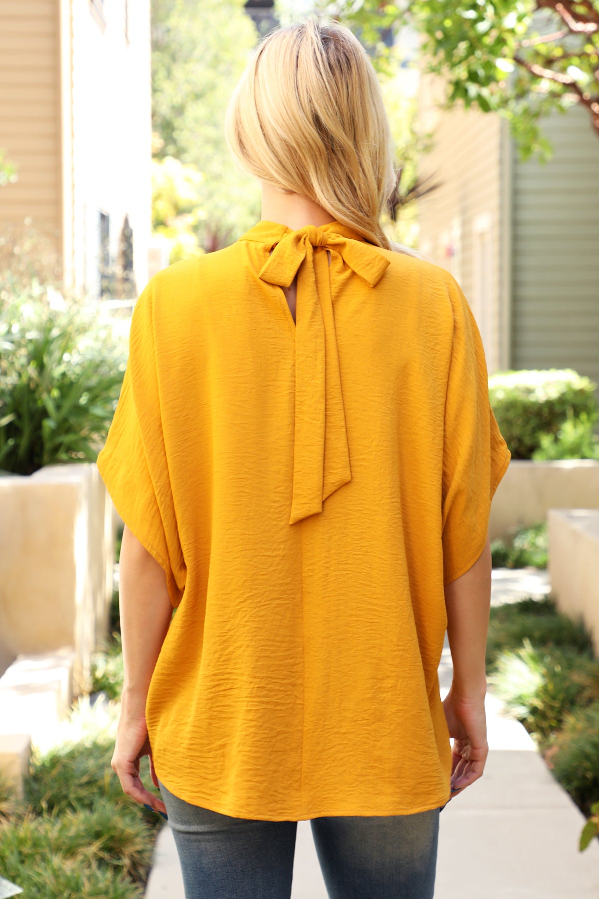 Solid Dolman Sleeve Back Ribbon High Neck Top