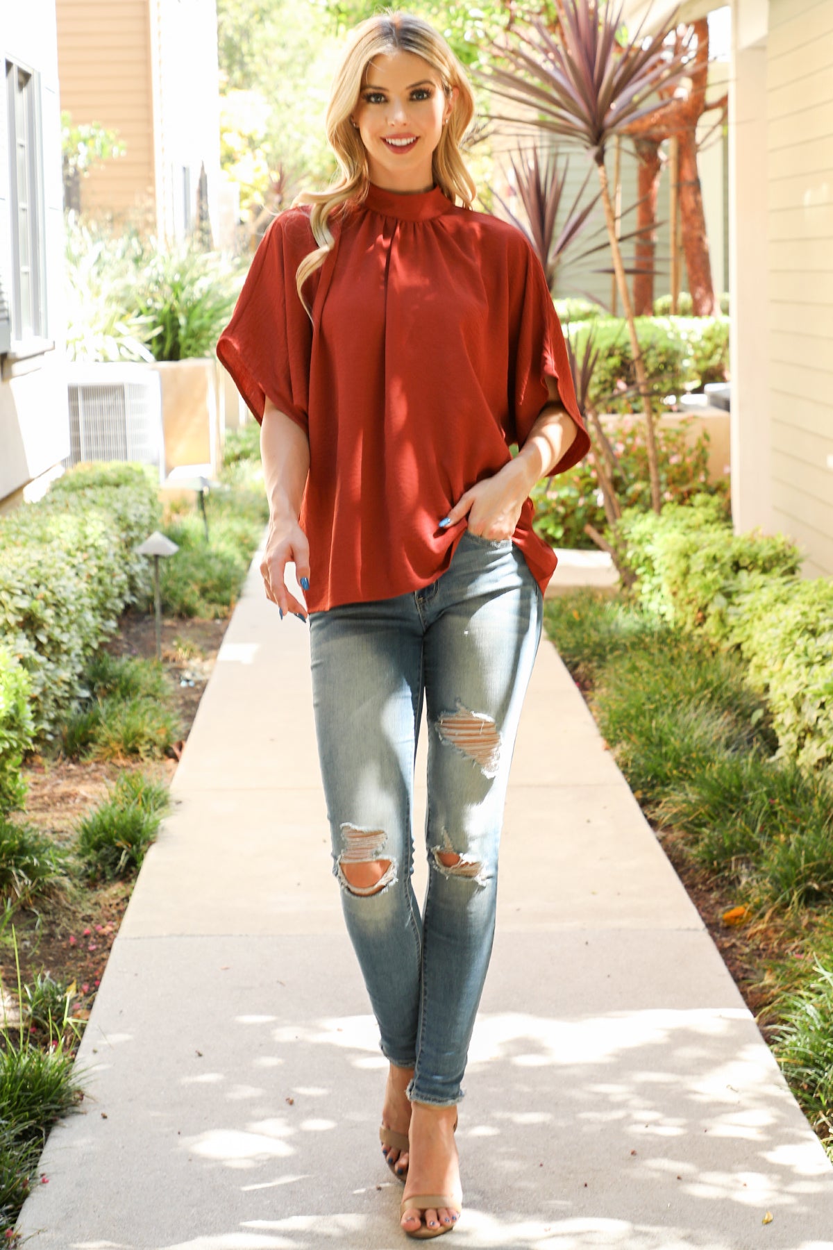Solid Dolman Sleeve Back Ribbon High Neck Top