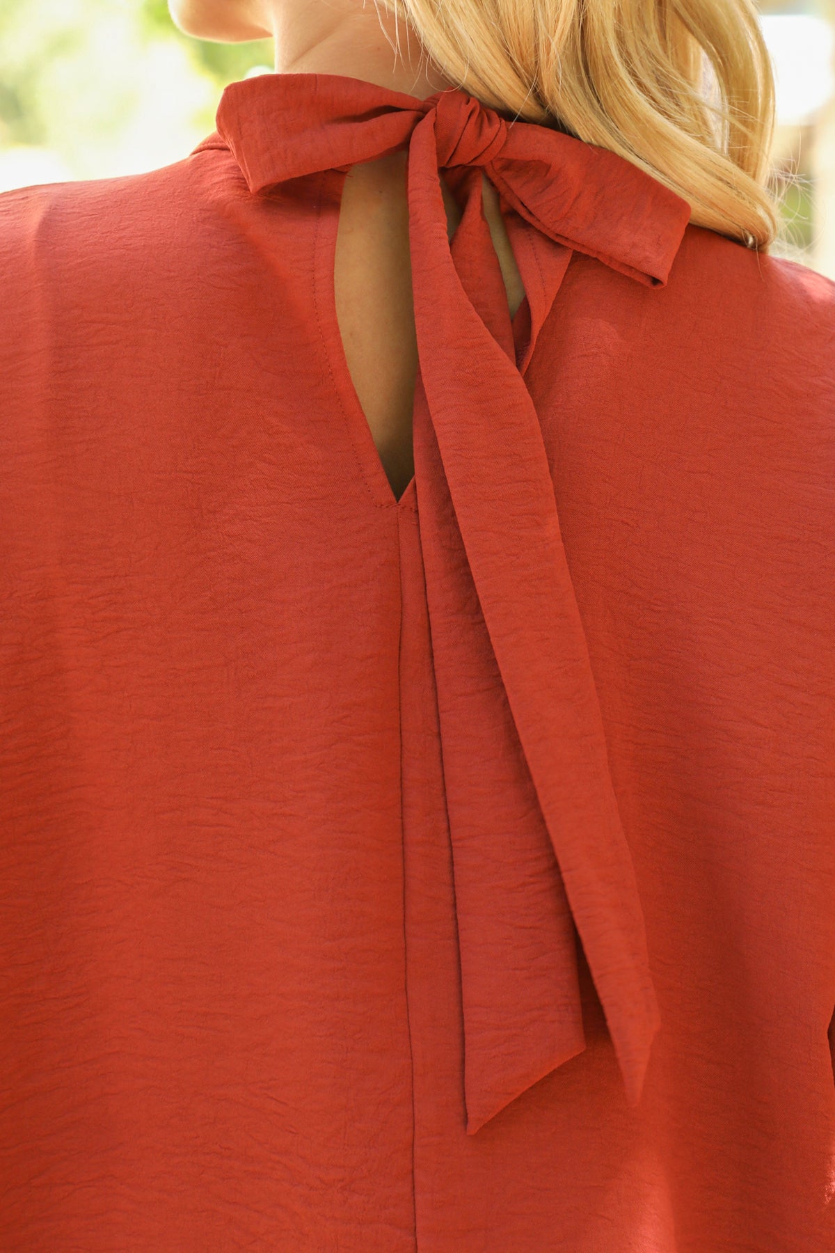 Solid Dolman Sleeve Back Ribbon High Neck Top