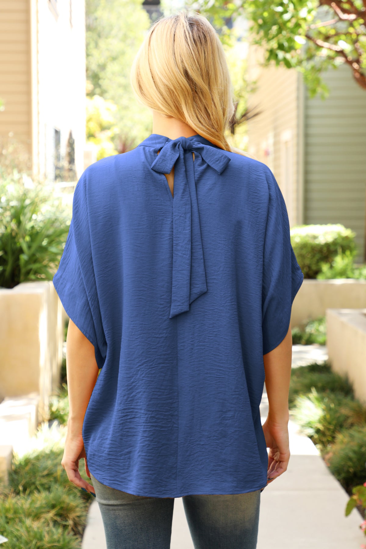 Solid Dolman Sleeve Back Ribbon High Neck Top